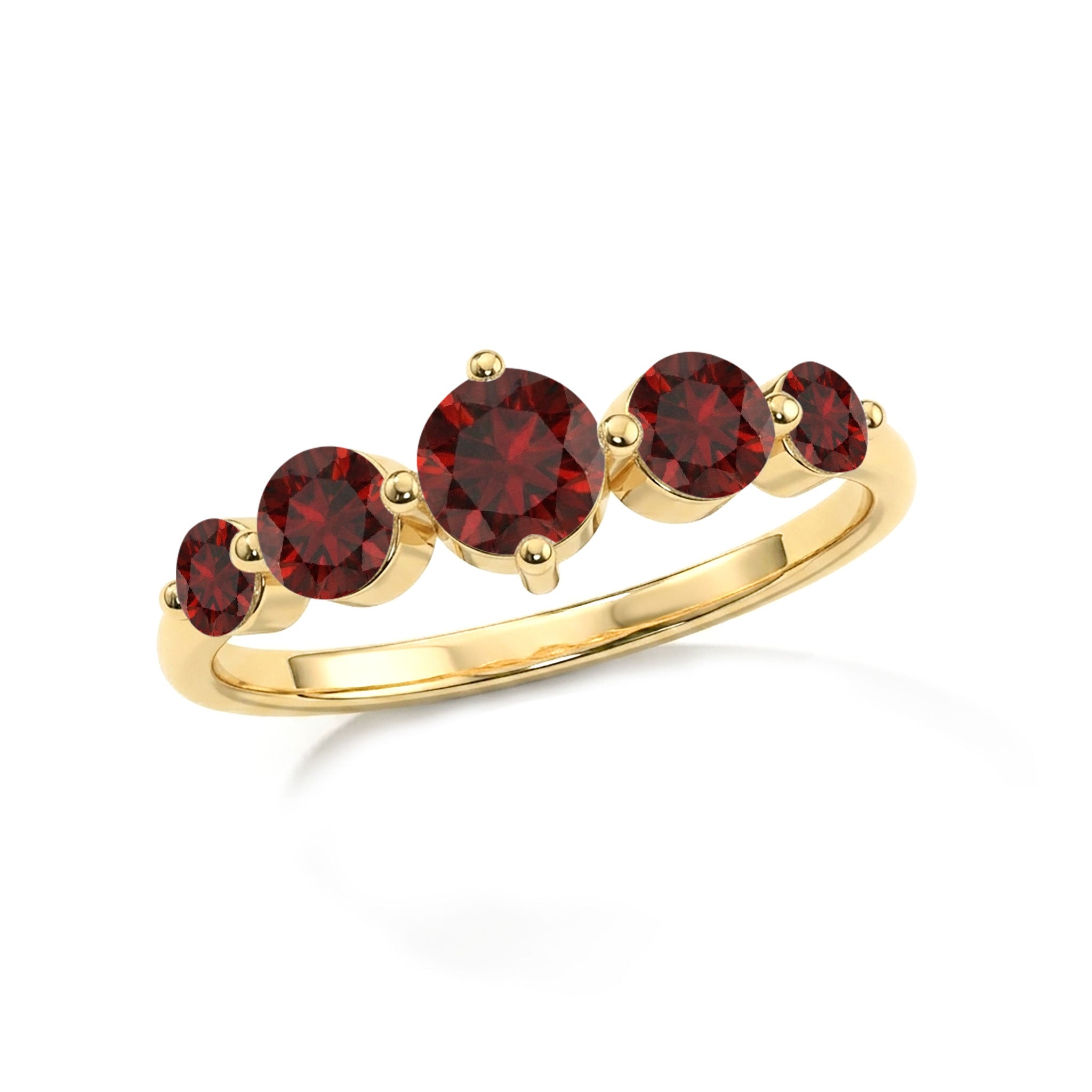 garnet bridal band, classic five stone jewelry, sterling silver polished ring, gold filled premium accessory, round cut gemstone design, handcrafted elegant craftsmanship, refined stacking jewelry, sophisticated women's band, anniversary celebration ring, vibrant crimson gemstone, modern minimalist style, fine jewelry collection, timeless fashion accessory, everyday elegance, luxury gemstone ring