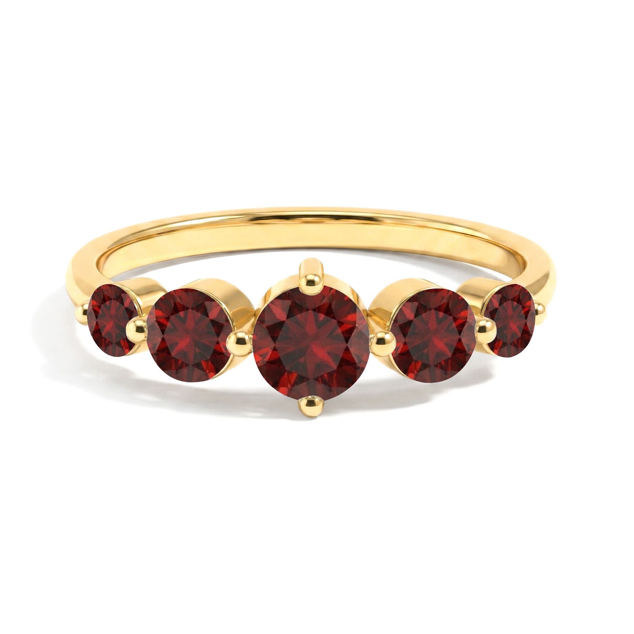 premium garnet five stone jewelry, brilliant red gemstone band, sterling silver designer ring, yellow gold filled handcrafted jewelry, refined women's accessory, elegant stacking ring, polished luxury craftsmanship, classic anniversary jewelry, sophisticated bridal band, January birthstone gift, contemporary gemstone style, vibrant gemstone sparkle, everyday fashion ring, artisan quality, timeless beauty