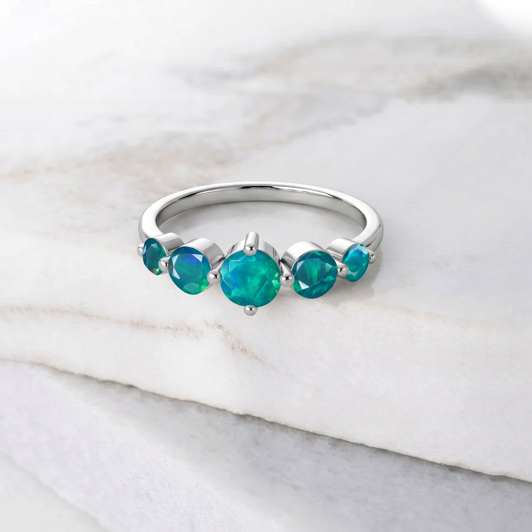 natural green opal jewelry, five stone ring design, artisan gemstone jewelry, sterling silver finish, gold filled finish, handcrafted elegance, classic jewelry style, polished round gemstones, luxury ring, everyday accessory, fine craftsmanship, women's gift, anniversary present, timeless gemstone, statement ring, modern jewelry, elegant gift, premium design, stackable jewelry, fashion accessory