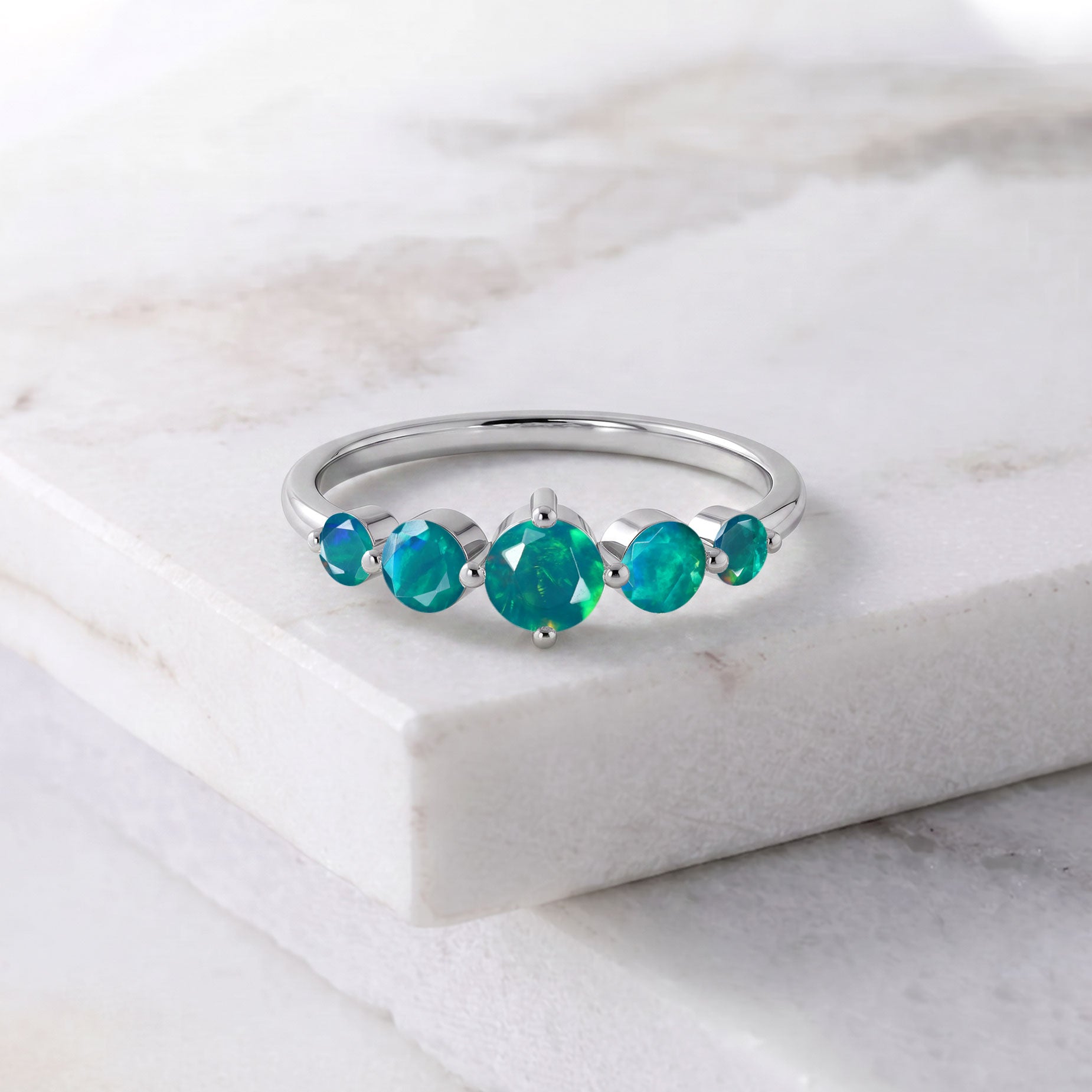 round green opal gemstones, handcrafted luxury jewelry, sterling silver craftsmanship, gold filled elegance, five gemstone style, artisan jewelry collection, polished finish, elegant ring design, premium gemstone accessory, birthday present, anniversary ring, feminine fashion, modern classic, everyday jewelry, refined craftsmanship, timeless gift, stackable accessory, fine jewelry, luxury fashion, unique gemstone