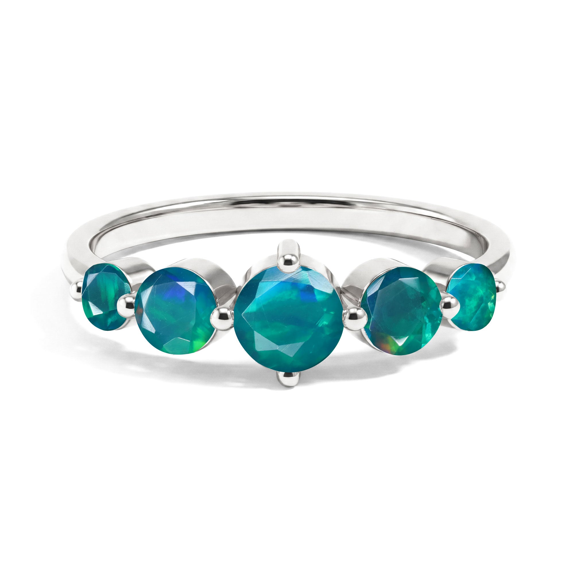natural green opal ring, five stone gemstone ring, round green opal jewelry, sterling silver ring, yellow gold filled ring, handmade jewelry, elegant gemstone ring, anniversary gift, promise ring, gift for women, artisan jewelry, luxury jewelry, stackable ring, fine jewelry, polished finish, contemporary design, unique gemstone, everyday jewelry, green gemstone accessory, classic elegance