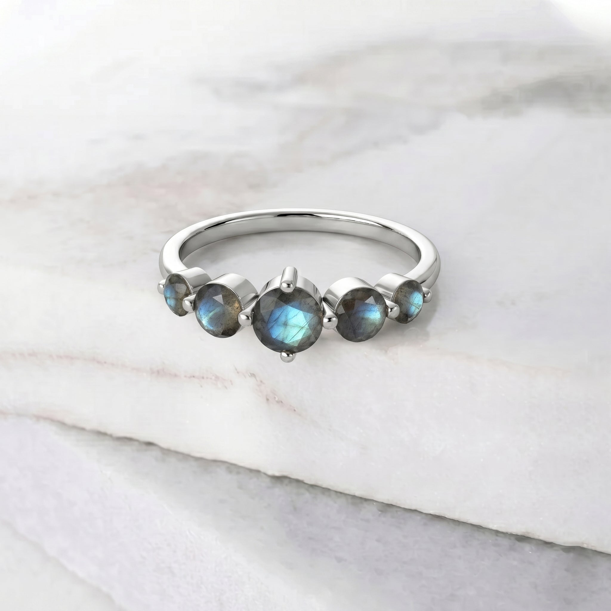 genuine labradorite five stone ring, blue flash gemstone band, sterling silver handcrafted ring, yellow gold filled jewelry, artisan made gemstone ring, elegant gift for women, faceted round stones, luxury stacking ring, fine jewelry style, timeless gemstone accessory, anniversary jewelry, birthday gift ring, designer gemstone band, sophisticated everyday jewelry, premium craftsmanship