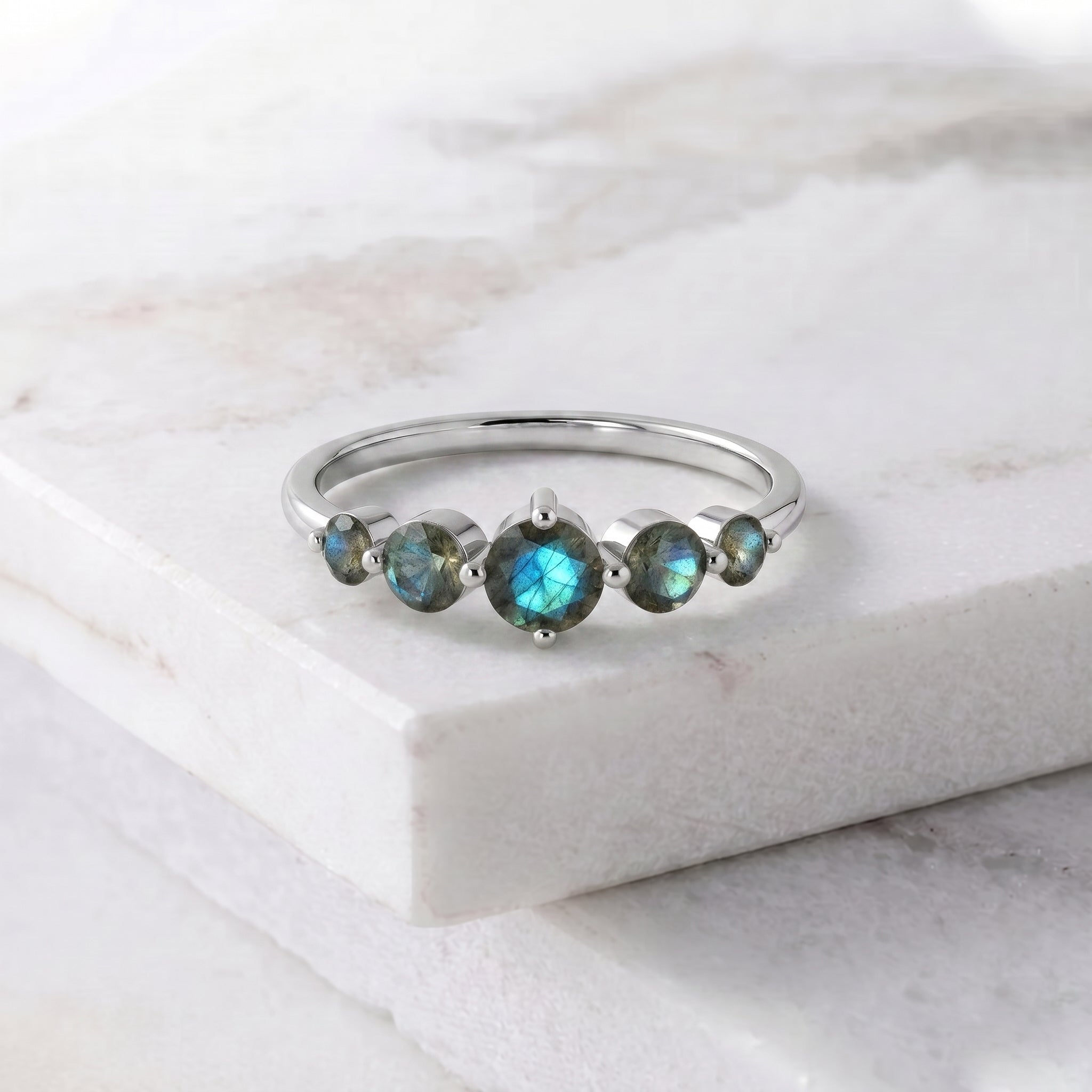 artisan labradorite ring, handcrafted five gemstone band, natural round gemstones, elegant sterling silver jewelry, yellow gold filled fashion ring, blue iridescent stone, modern stacking accessory, anniversary keepsake, fine handmade craftsmanship, luxury gemstone design, everyday elegance, women's designer jewelry, polished gemstone ring, unique artisan accessory, statement band