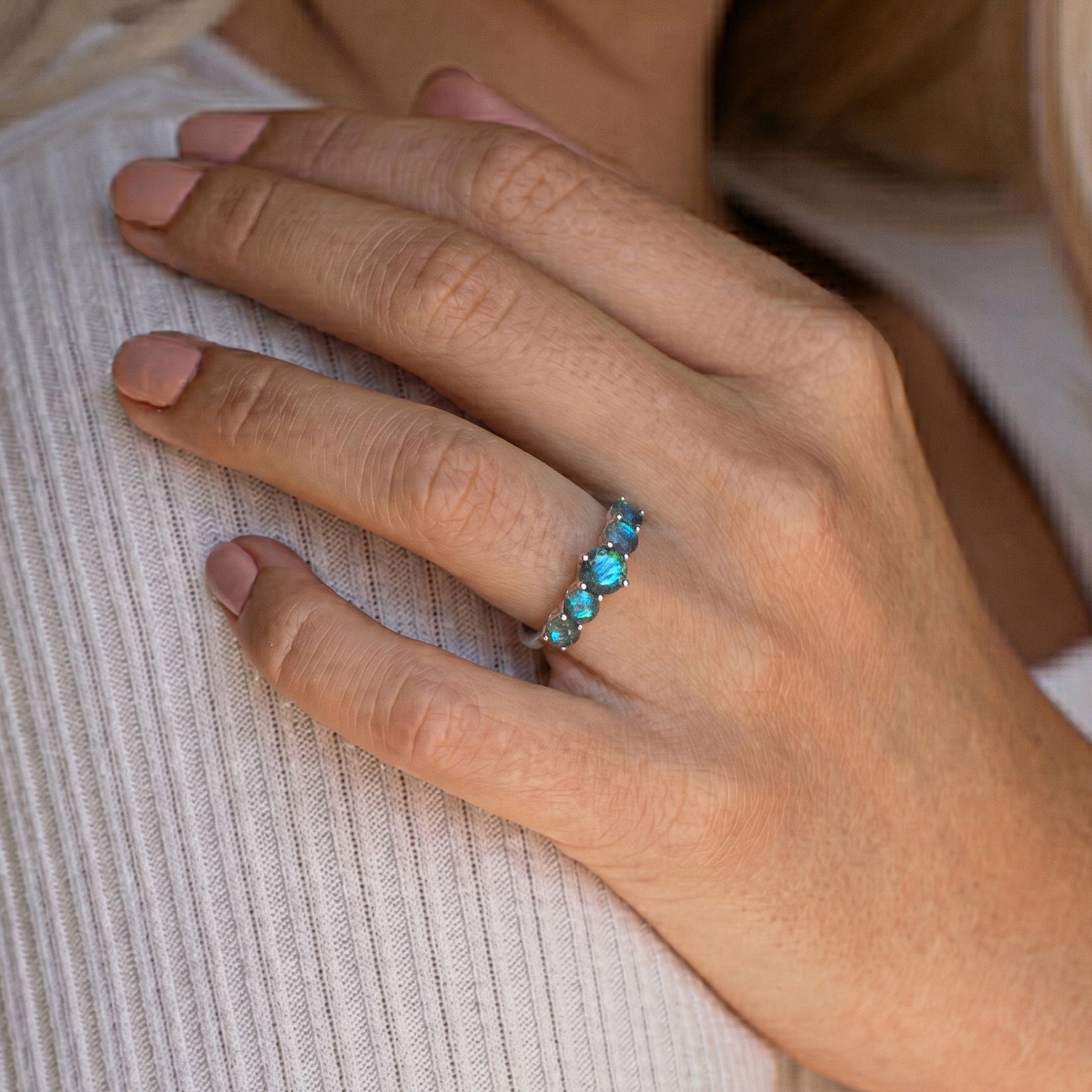 natural labradorite jewelry ring, round gemstone arrangement, five stone artisan band, handmade silver jewelry, luxurious gold filled finish, faceted gemstone sparkle, contemporary ring design, women's anniversary gift, unique stacking ring, fine gemstone accessory, polished handcrafted band, everyday wear jewelry, blue shimmer gemstone, elegant artisan craftsmanship, premium jewelry piece