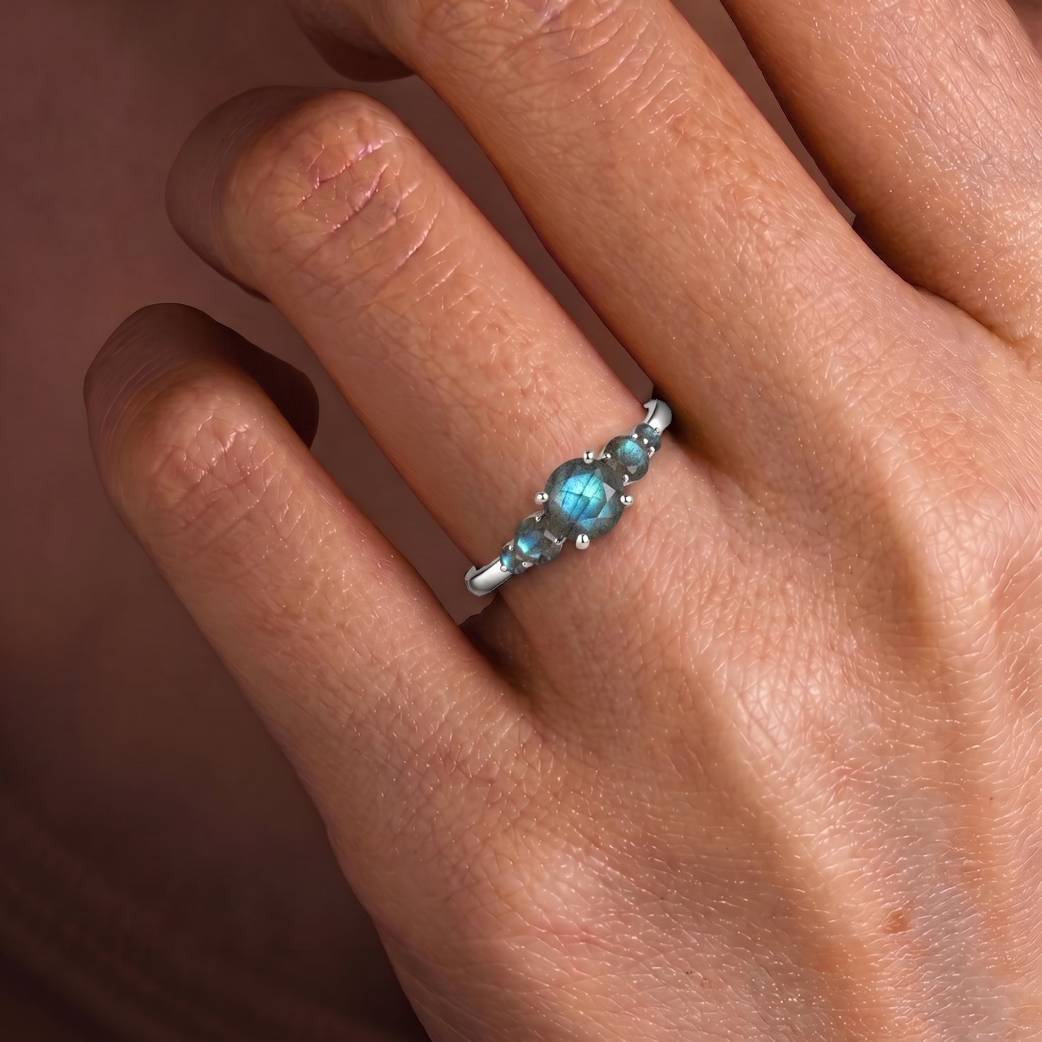 genuine labradorite jewelry, five stone wedding band, handcrafted silver ring, round cut labradorite stones, luxury gemstone ring, dainty everyday ring, blue green gemstone, fine jewelry gift, boho ring style, designer gemstone band, women's fashion ring, artisan crafted jewelry, birthday present, polished finish, elegant stacking band