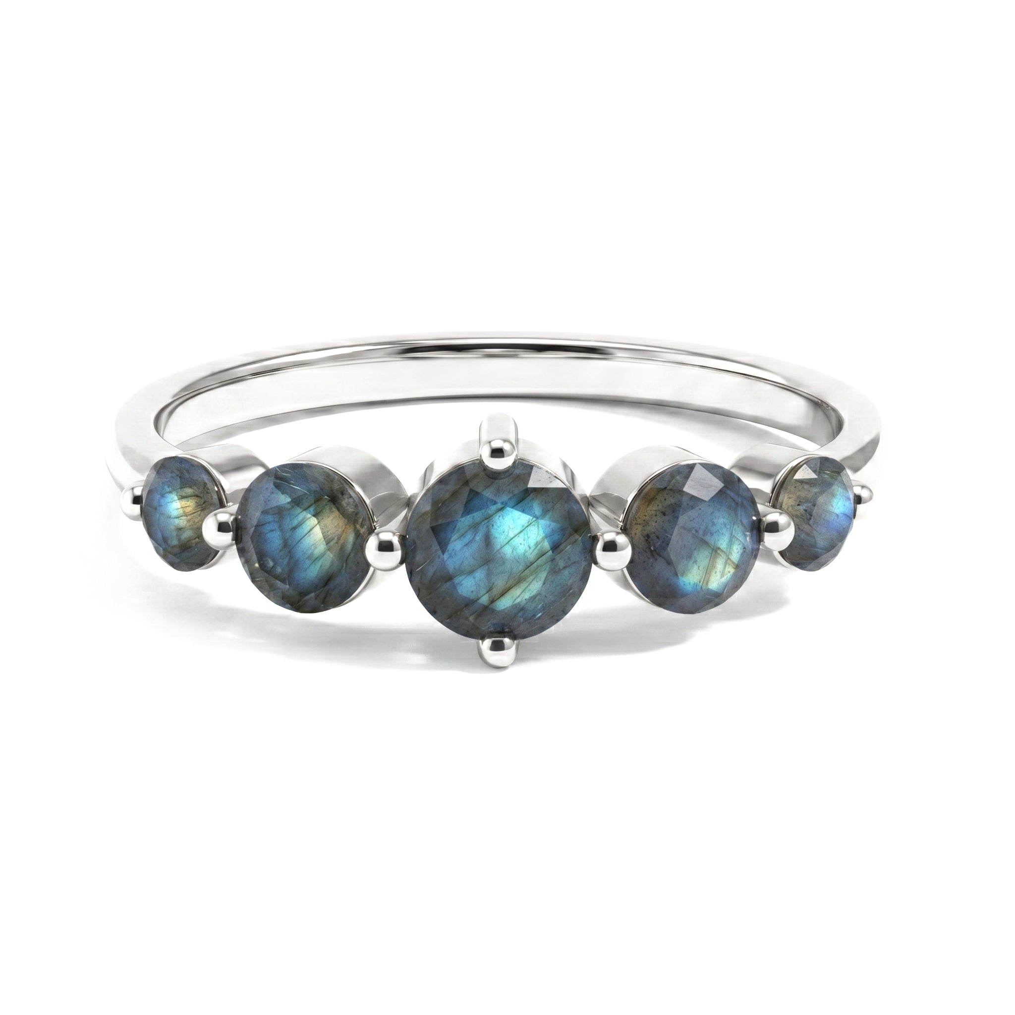 natural labradorite ring, five stone ring, round gemstone band, sterling silver ring, yellow gold filled ring, handmade gemstone jewelry, blue flash labradorite, minimalist stacking ring, artisan jewelry, anniversary ring, statement band, elegant women's jewelry, unique gemstone gift, modern ring, 2.15 carat gemstone ring