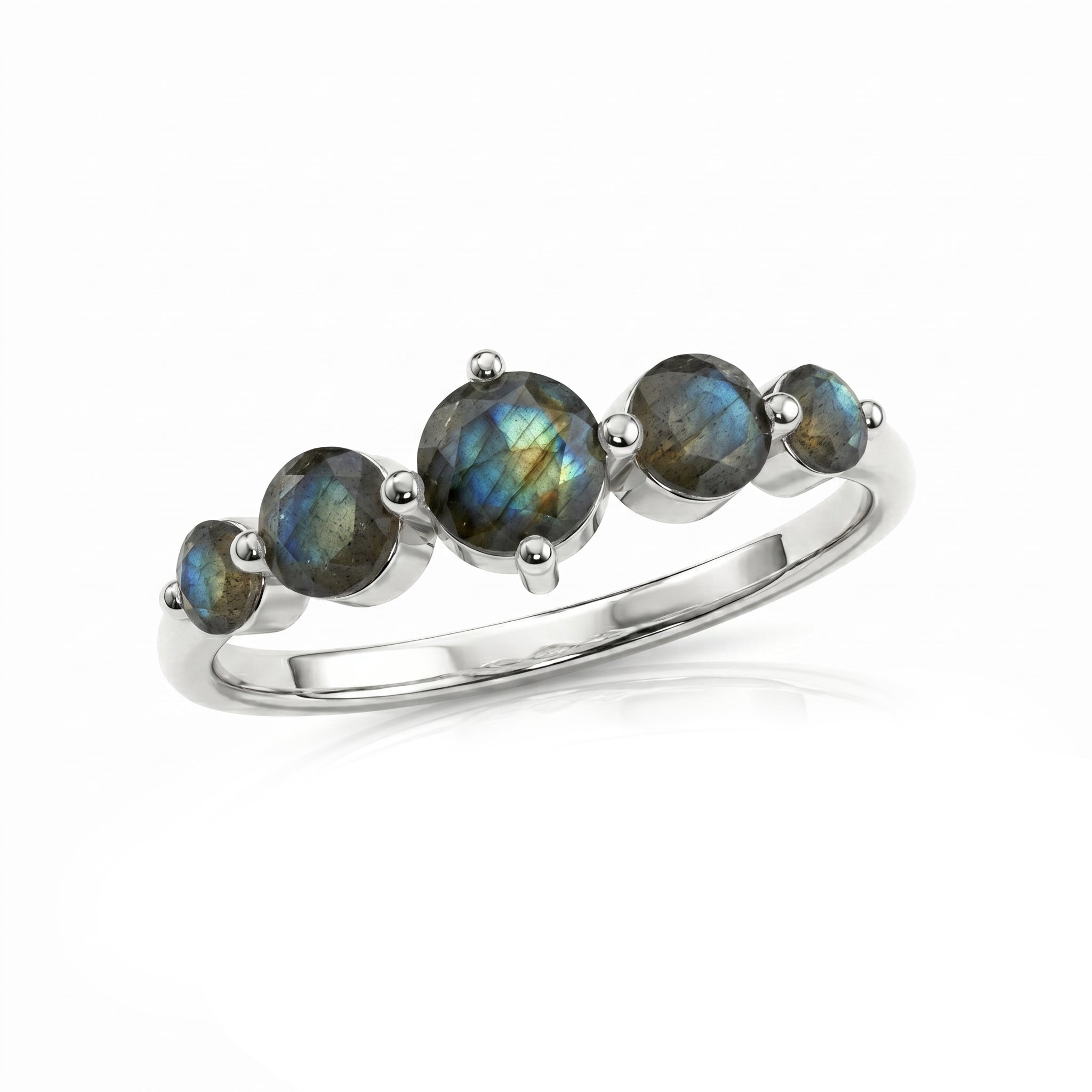 premium labradorite gemstone ring, handcrafted artisan jewelry, five round gemstone band, sterling silver elegance, yellow gold filled handcrafted design, blue iridescent gemstone, luxury fashion ring, fine stacking jewelry, contemporary women's accessory, polished gemstone craftsmanship, anniversary keepsake ring, unique handmade jewelry, timeless designer band, everyday luxury style, gemstone statement ring