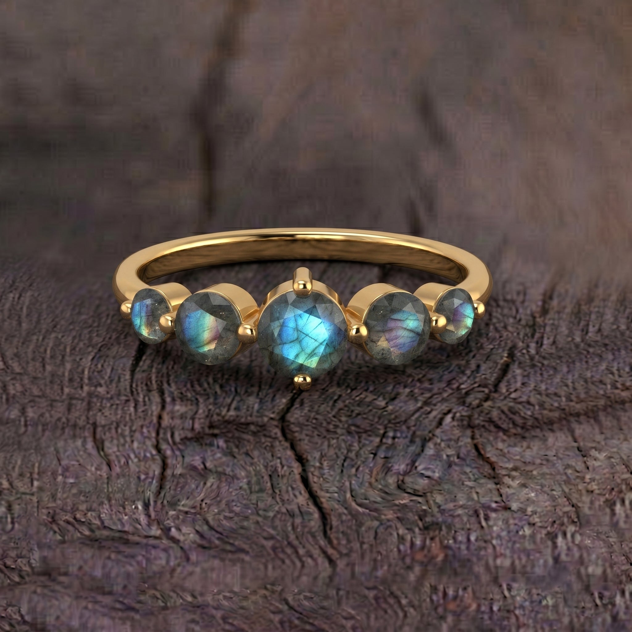 labradorite anniversary ring, natural gemstone jewelry, graduated five stone design, sterling silver gemstone band, yellow gold filled option, handcrafted gift ring, faceted labradorite, contemporary ring style, women's statement jewelry, premium gemstone accessory, artisan ring, everyday luxury jewelry, minimalist fashion ring, elegant stacking jewelry, fine handmade ring