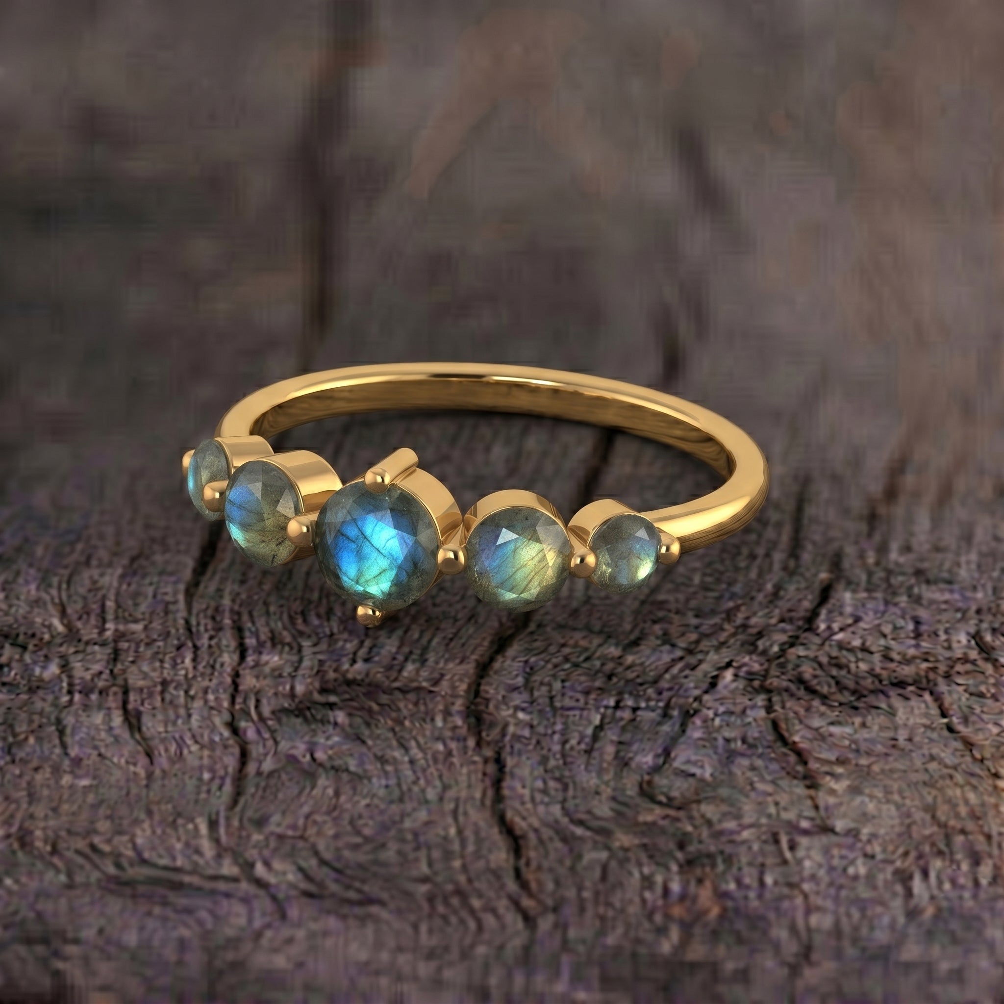 labradorite fashion ring, natural gemstone stacking band, artisan handcrafted jewelry, sterling silver elegance, yellow gold filled option, five graduated stones, polished designer ring, blue green gemstone jewelry, everyday statement accessory, modern fine jewelry, luxury women's ring, birthday jewelry gift, handcrafted gemstone art, premium gemstone design, timeless elegance
