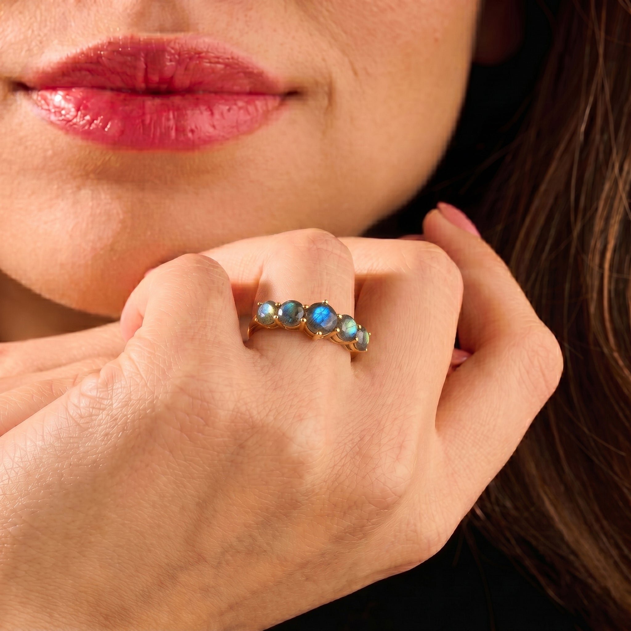 natural labradorite band, round faceted gemstones, five stone promise ring, handcrafted silver jewelry, blue iridescent gemstone, elegant fashion accessory, luxury stacking band, artisan gemstone craftsmanship, classic women's ring, polished metal finish, gemstone anniversary jewelry, handmade gift idea, modern minimalist ring, fine jewelry collection, everyday elegance