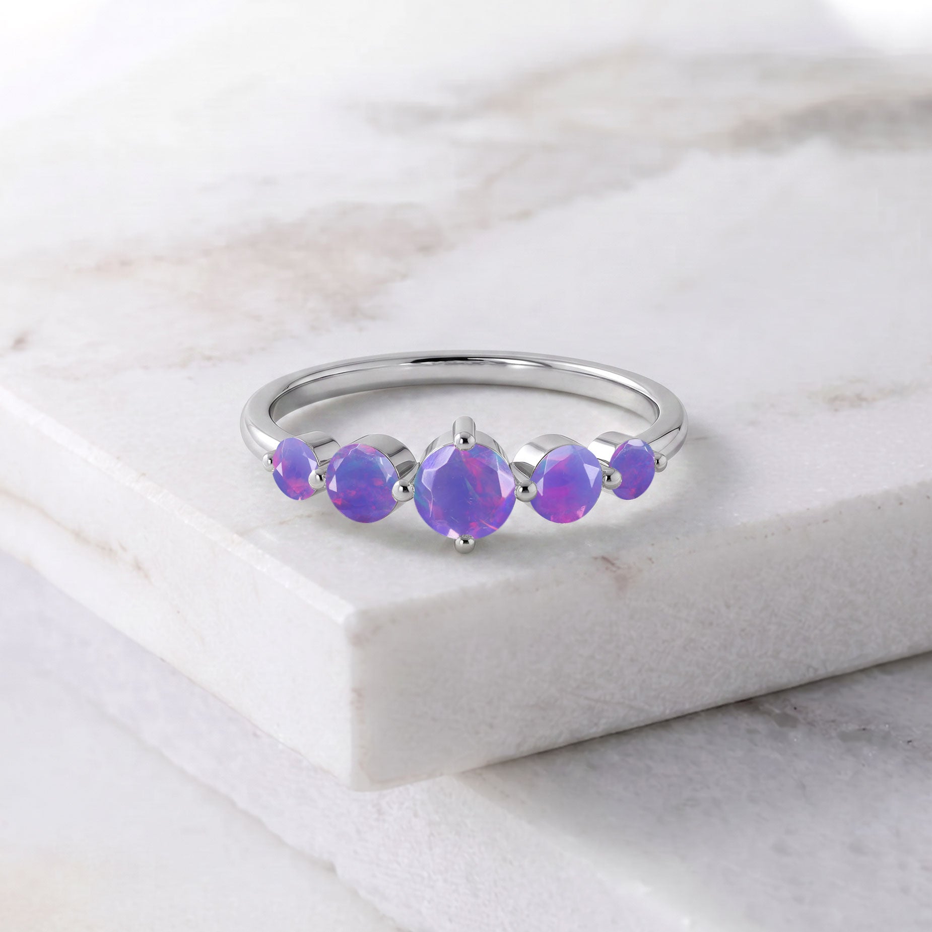 Lavender Opal Fine Ring, Handmade October Birthstone Jewelry, Five Stone Elegant Ring, Round Gemstone Jewelry, Women's Designer Ring, Sterling Silver Accessories, Yellow Gold Filled Jewelry, Minimal Luxury Ring, Anniversary Jewelry, Gift For Girlfriend, Fashion Jewelry, Classic Gemstone Ring, Artisan Craftsmanship, Luxury Style, Fine Accessories