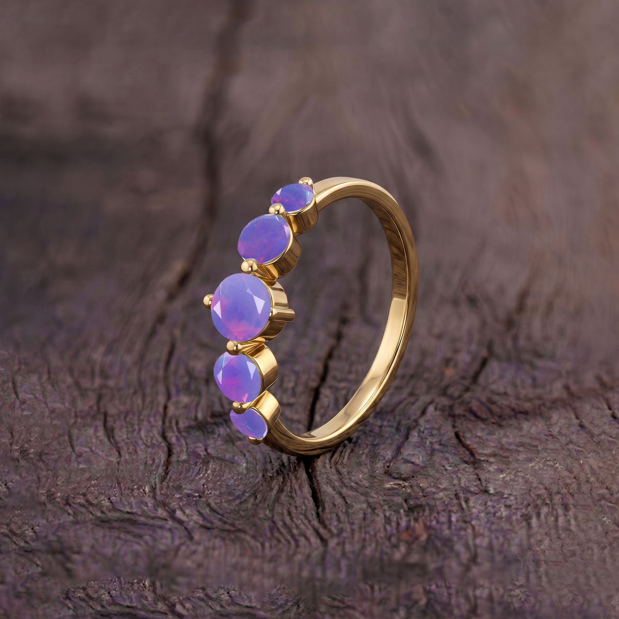 Lavender Opal Contemporary Ring, Women's Birthstone Jewelry, Five Stone Handmade Design, Round Opal Jewelry, Sterling Silver Luxury Ring, Yellow Gold Filled Fashion Ring, Elegant Jewelry Collection, Wedding Anniversary Gift, Stackable Gemstone Ring, Feminine Style, Fine Accessories, Designer Jewelry, Birthday Present, Everyday Elegance, Premium Ring