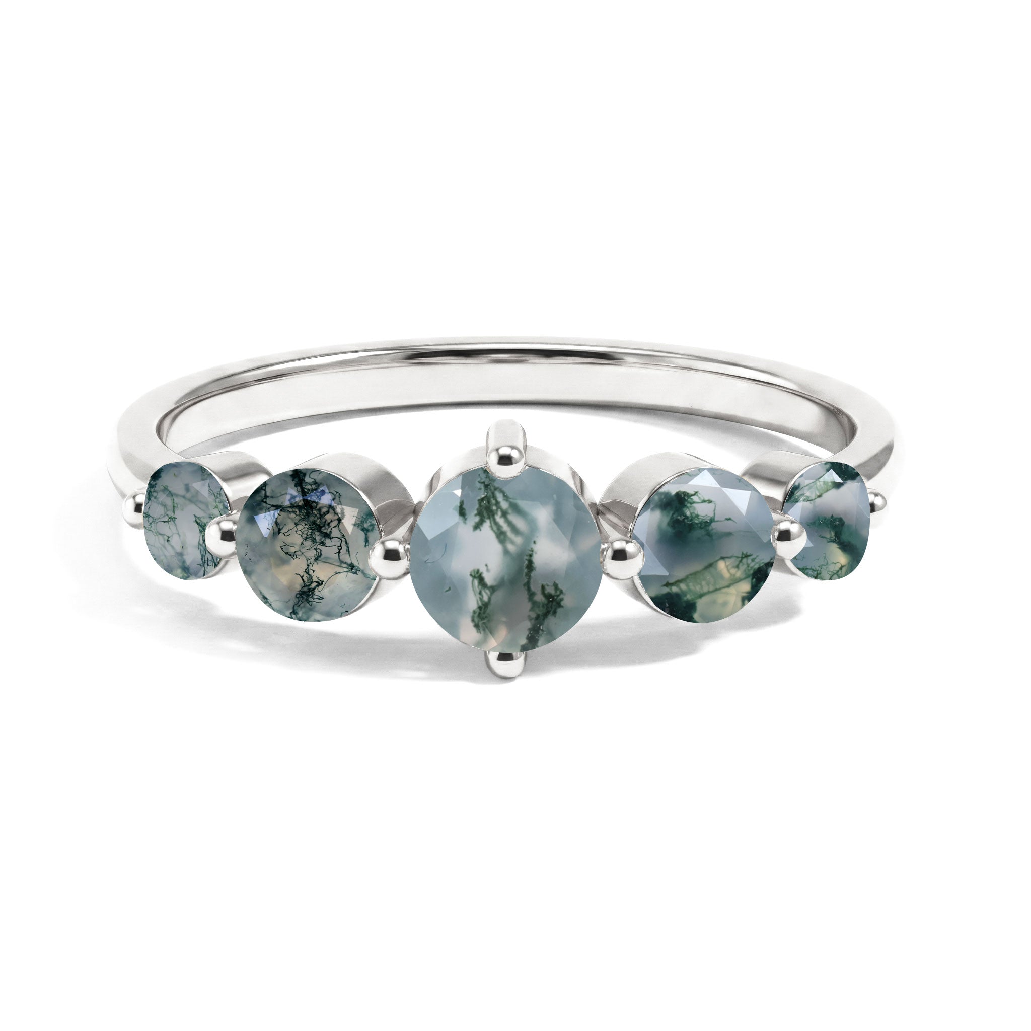 natural moss agate ring, moss agate five stone ring, round moss agate jewelry, nature inspired ring, botanical gemstone jewelry, 925 sterling silver ring, yellow gold filled ring, green moss agate, women's fine jewelry, handcrafted jewelry, anniversary gift, promise ring, minimalist jewelry, elegant gemstone setting, unique natural gemstone