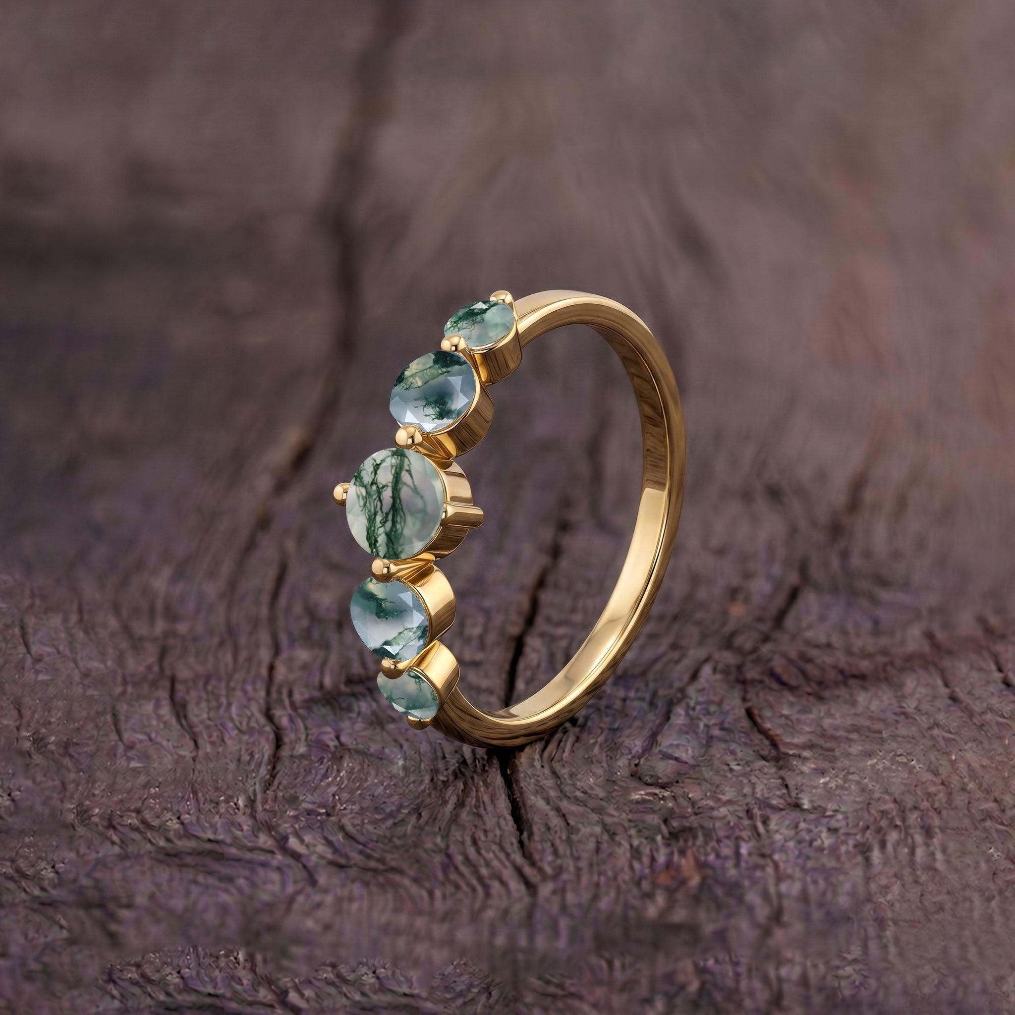 natural moss agate gemstone jewelry, five round gemstone arrangement, handcrafted luxury accessory, sterling silver elegance, yellow gold filled finish, polished artisan craftsmanship, elegant bridal jewelry, anniversary celebration gift, refined gemstone sparkle, premium quality jewelry, women's classic style, botanical elegance, organic gemstone beauty, timeless fashion, meaningful keepsake