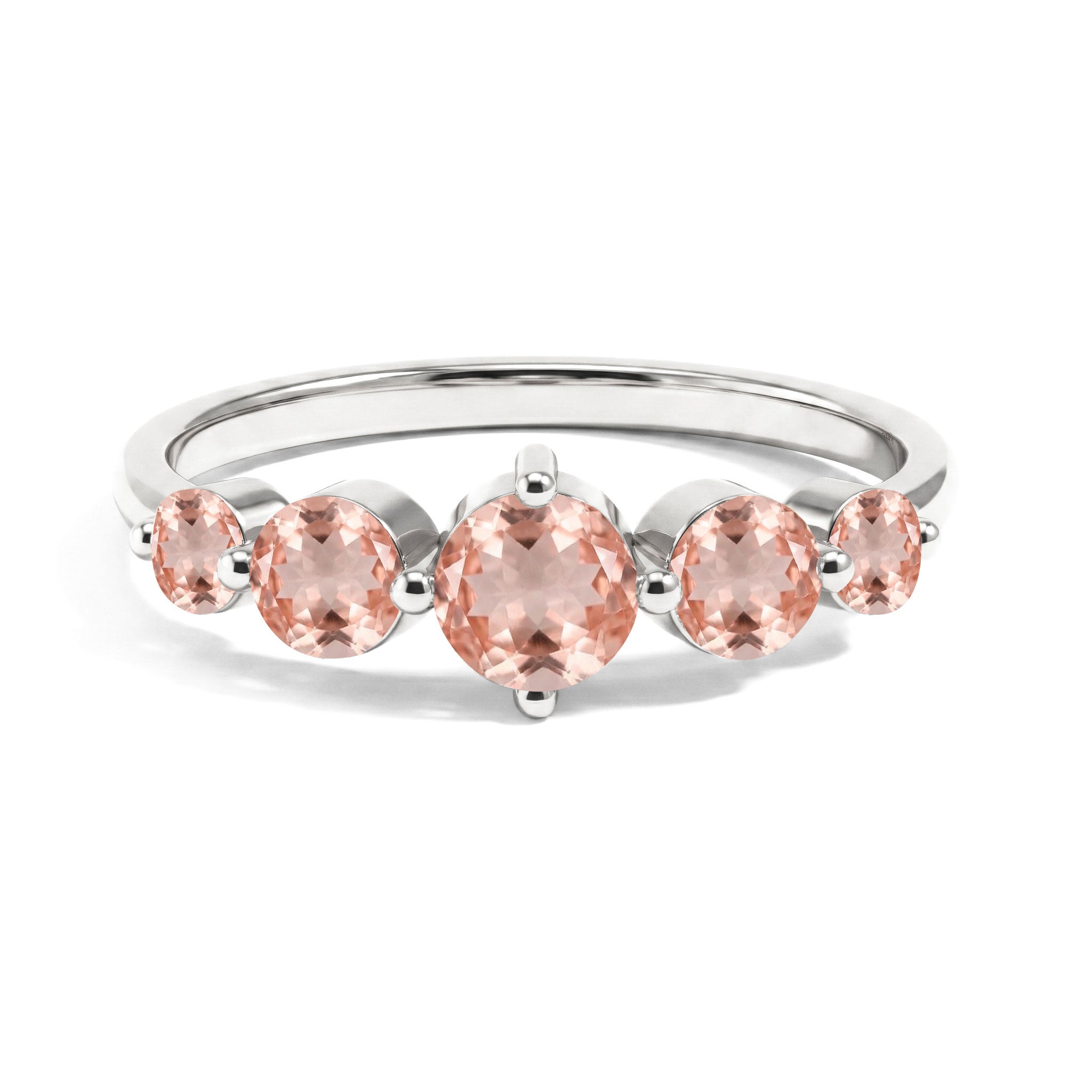 morganite five stone ring, round morganite gemstones, pink gemstone jewelry, sterling silver ring, yellow gold filled jewelry, anniversary ring, women's fine jewelry, handcrafted jewelry, elegant pink ring, minimalist jewelry, romantic gift, sparkling gemstones, prong setting, stackable jewelry, everyday luxury