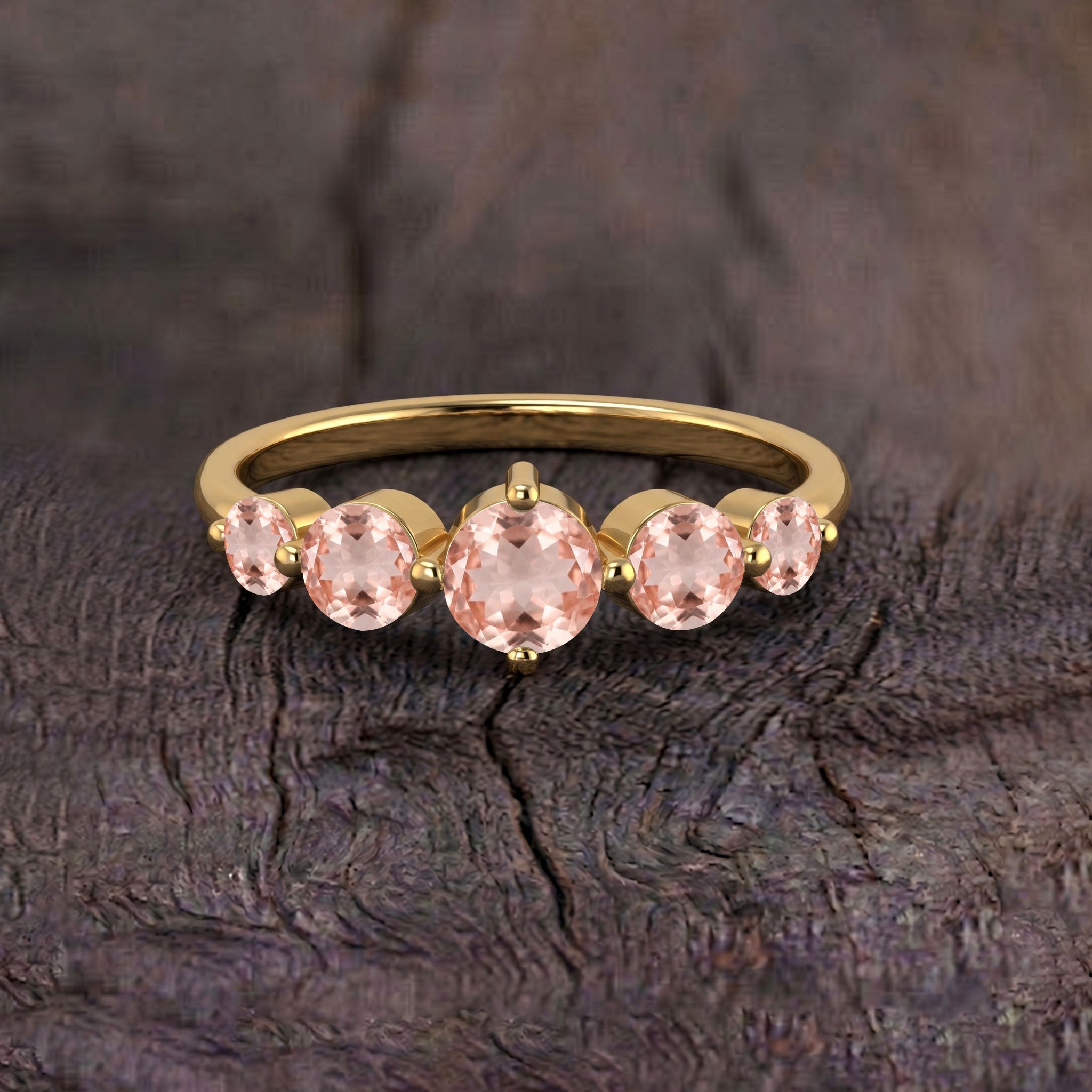five gemstone morganite jewelry, blush pink gemstone ring, elegant handcrafted jewelry, sterling silver setting, yellow gold filled finish, romantic anniversary gift, birthday jewelry, women's luxury accessory, sparkling gemstone design, polished craftsmanship, sophisticated style, timeless elegance, premium jewelry, feminine fashion, classic design