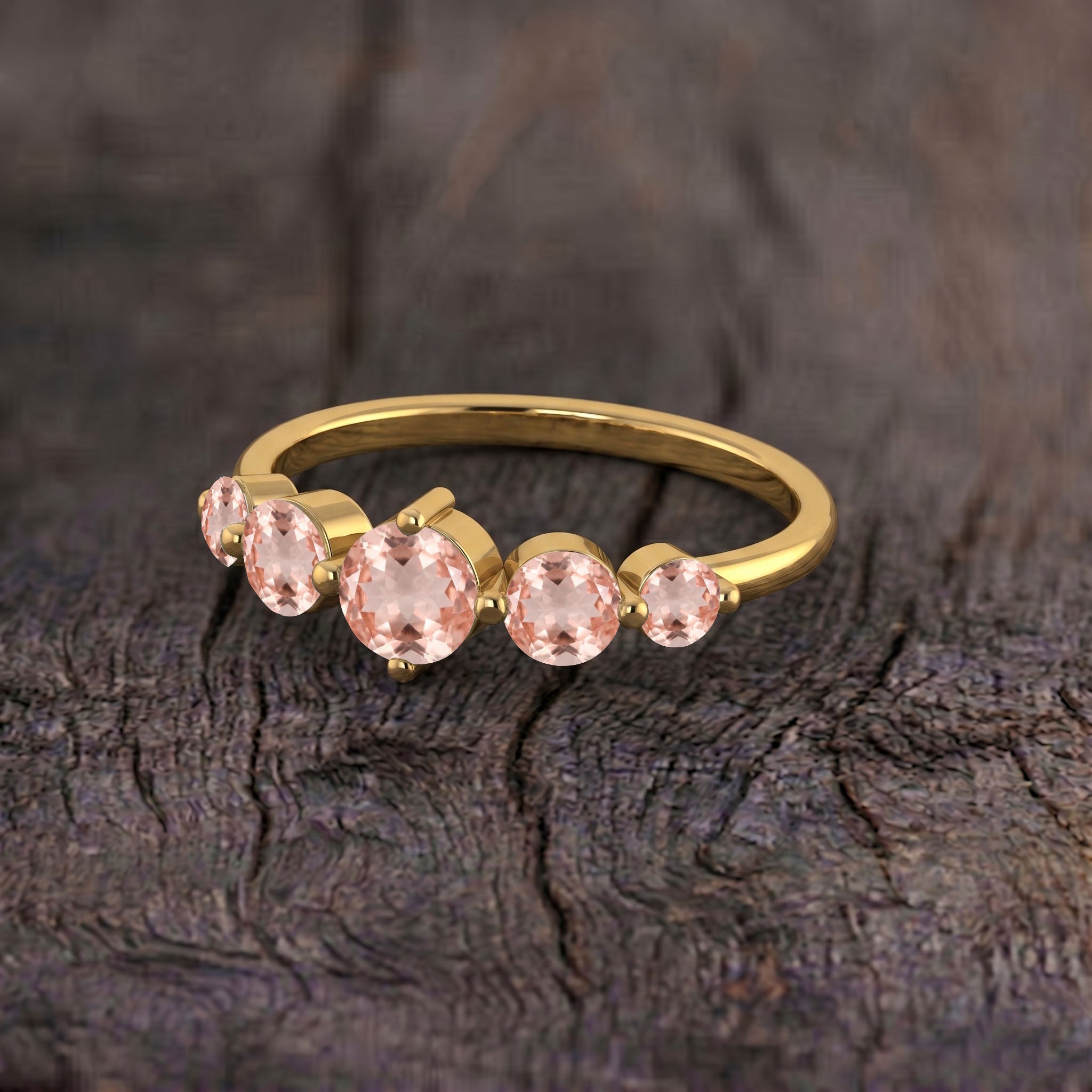morganite statement jewelry, five round pink gemstones, elegant handcrafted craftsmanship, sterling silver jewelry design, yellow gold filled jewelry option, polished finish, women's gift jewelry, anniversary elegance, romantic fashion jewelry, luxury gemstone accessory, refined prong setting, delicate sparkle, premium jewelry, timeless beauty, feminine sophistication