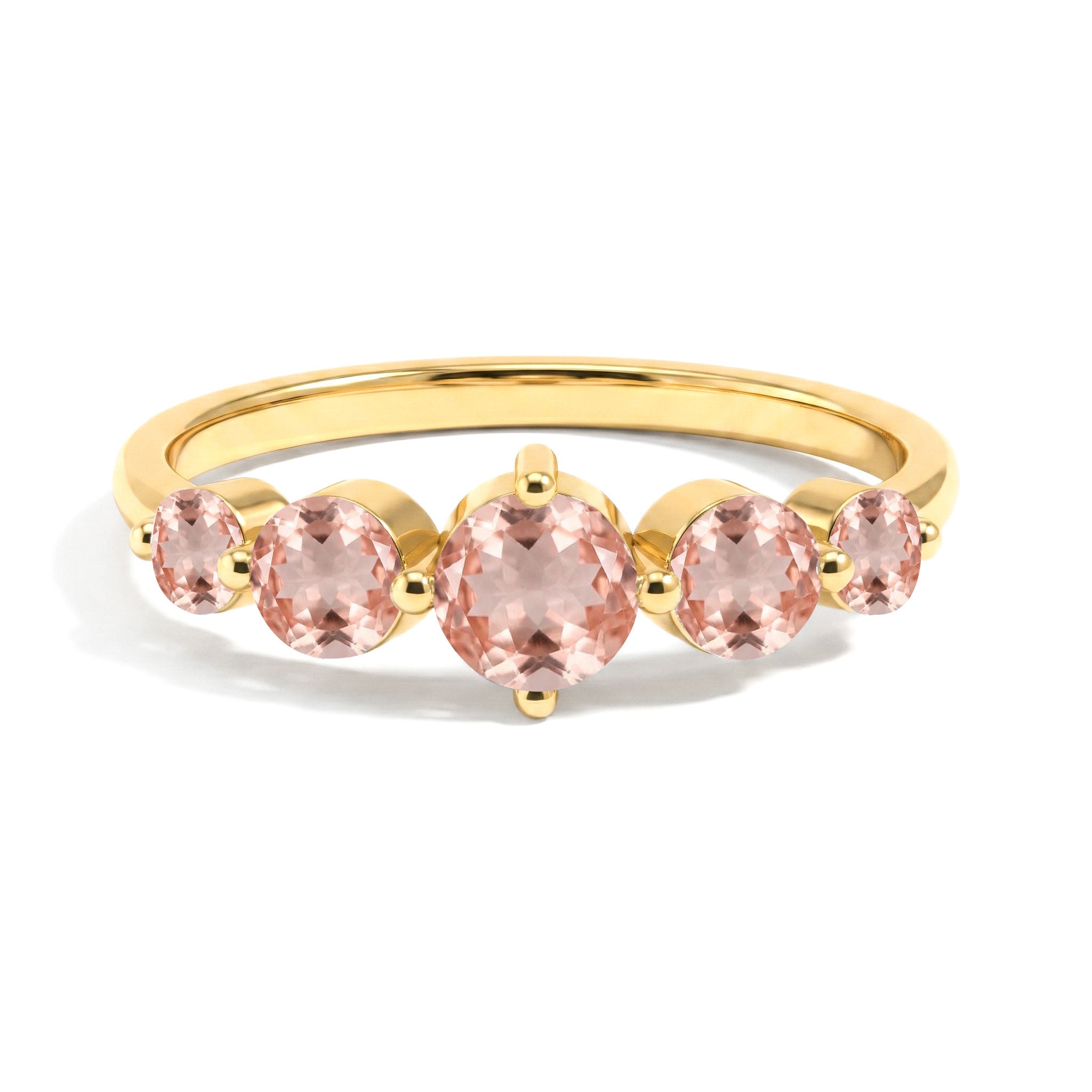 five round morganite gemstones, pink jewelry design, handcrafted ring, sterling silver jewelry, yellow gold filled option, women's jewelry gift, luxury gemstone jewelry, romantic anniversary gift, elegant fashion accessory, sparkling pink stones, fine craftsmanship, classic jewelry style, minimalist elegance, bridal jewelry, everyday wear