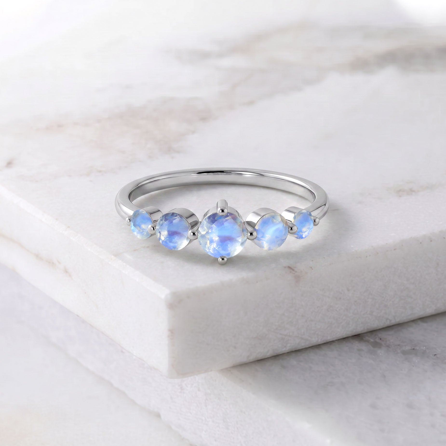 natural moonstone stacking ring, five gemstone ring, handmade sterling silver jewelry, gold filled fine jewelry, glowing moonstone ring, elegant minimalist style, June birthstone jewelry, luxury artisan ring, polished comfort fit, classic gemstone setting, everyday ring, gift for girlfriend, birthday jewelry, timeless women's accessory, handcrafted elegance