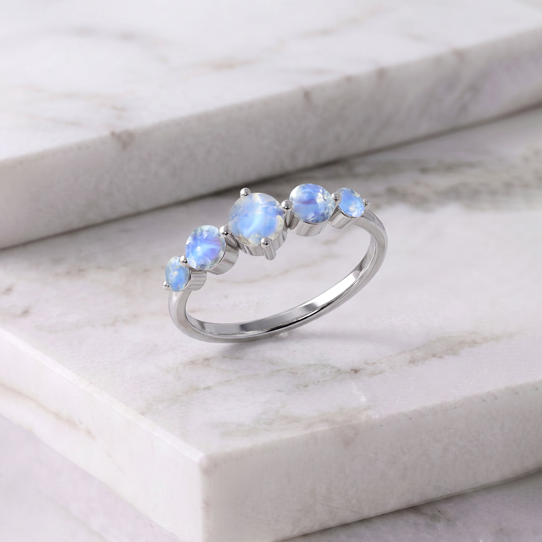 natural moonstone luxury ring, genuine five stone jewelry, handcrafted sterling silver ring, yellow gold filled gemstone ring, glowing moonstone design, artisan jewelry gift, June birthstone accessory, elegant stacking ring, polished handmade jewelry, classic women's ring, anniversary ring, timeless gemstone style, premium craftsmanship, feminine elegance, sophisticated jewelry