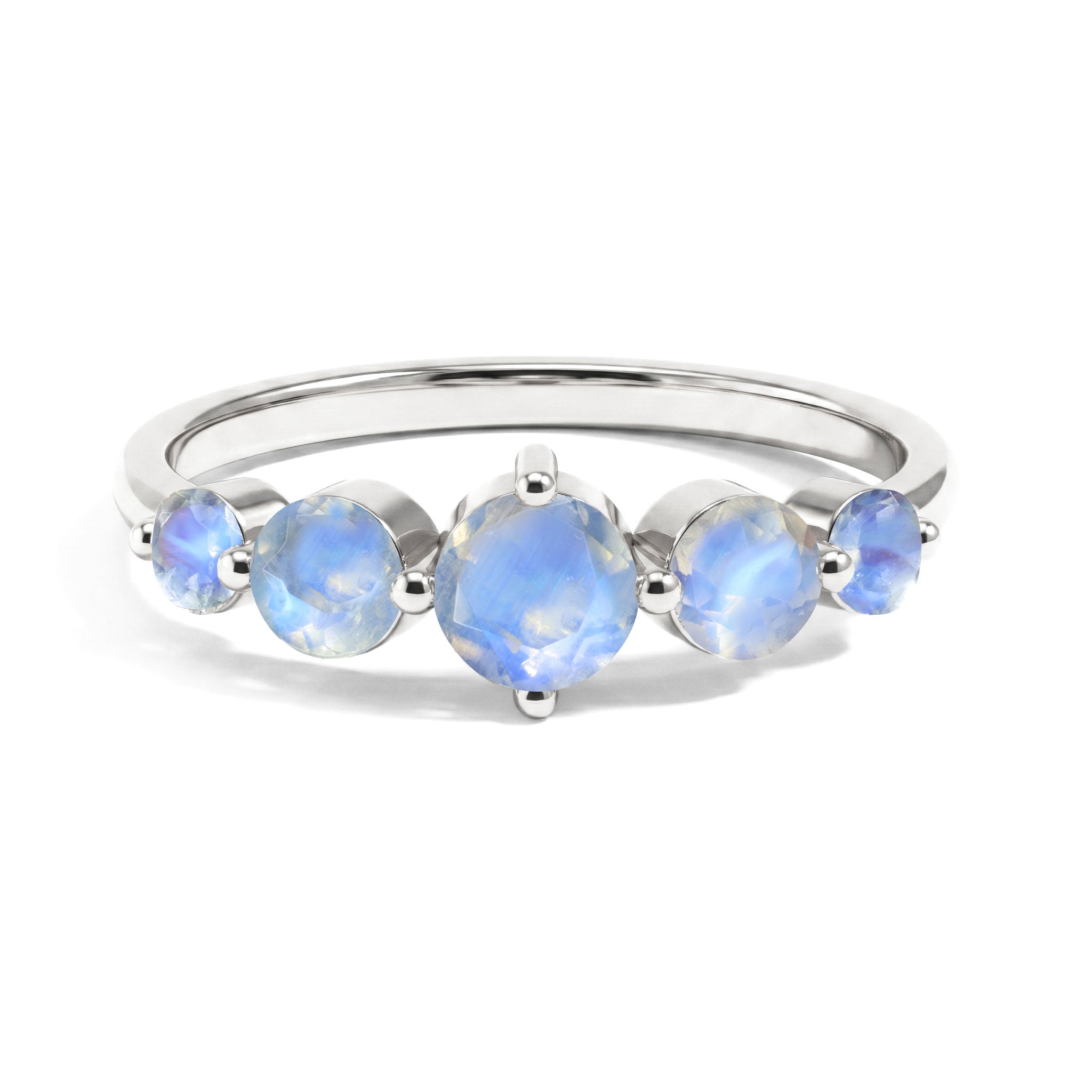 natural moonstone five stone ring, genuine moonstone ring, 925 sterling silver ring, yellow gold filled ring, graduated round moonstones, handcrafted gemstone ring, June birthstone ring, elegant women's ring, stackable ring, artisan jewelry, minimalist ring, timeless design, everyday luxury, anniversary gift, fine jewelry