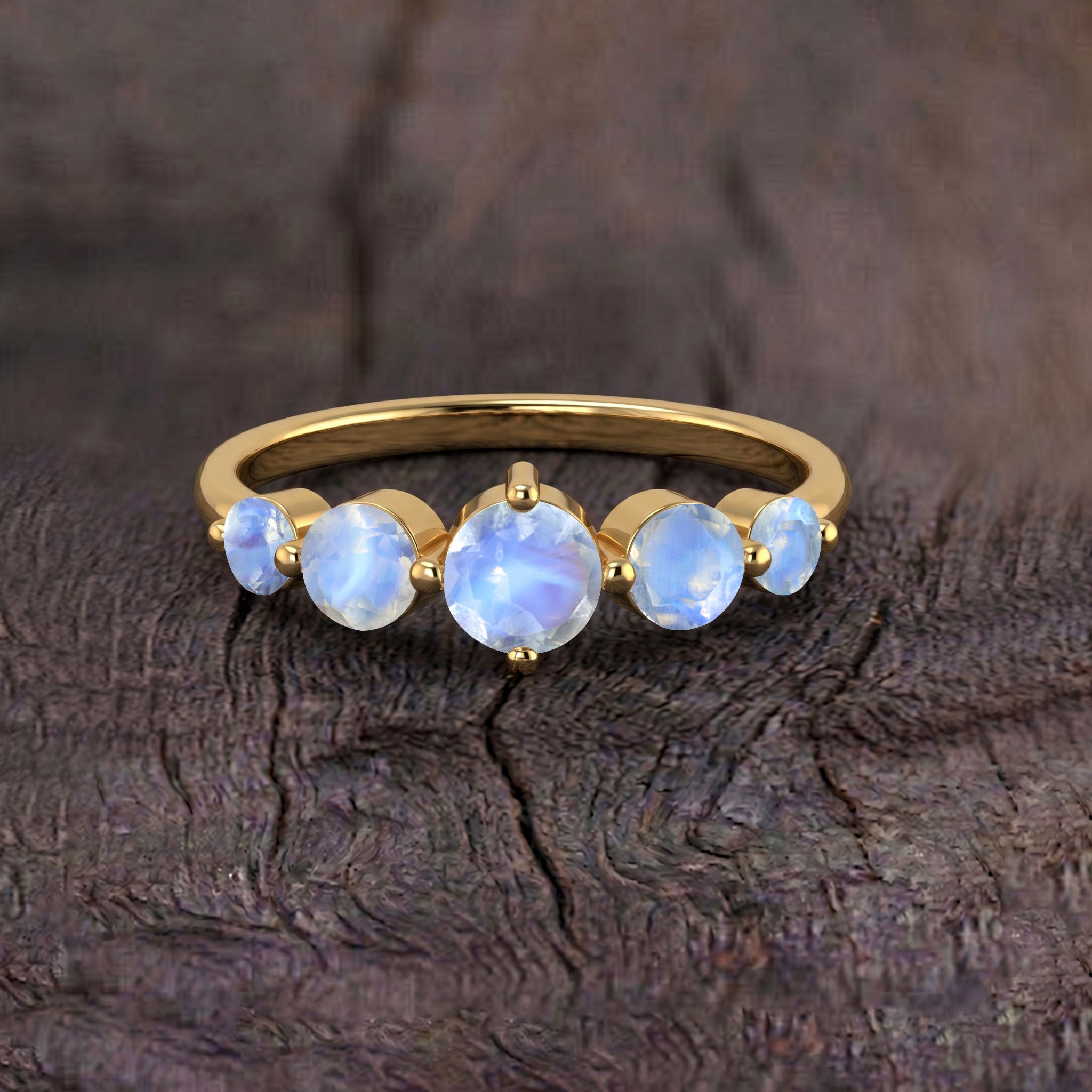 genuine moonstone ring, natural gemstone jewelry, five stone anniversary ring, round moonstone setting, sterling silver jewelry, yellow gold filled jewelry, June birthstone gift, handmade artisan ring, sophisticated ring, luxury everyday jewelry, minimalist stacking ring, elegant gift for women, timeless gemstone ring, polished finish, comfort fit