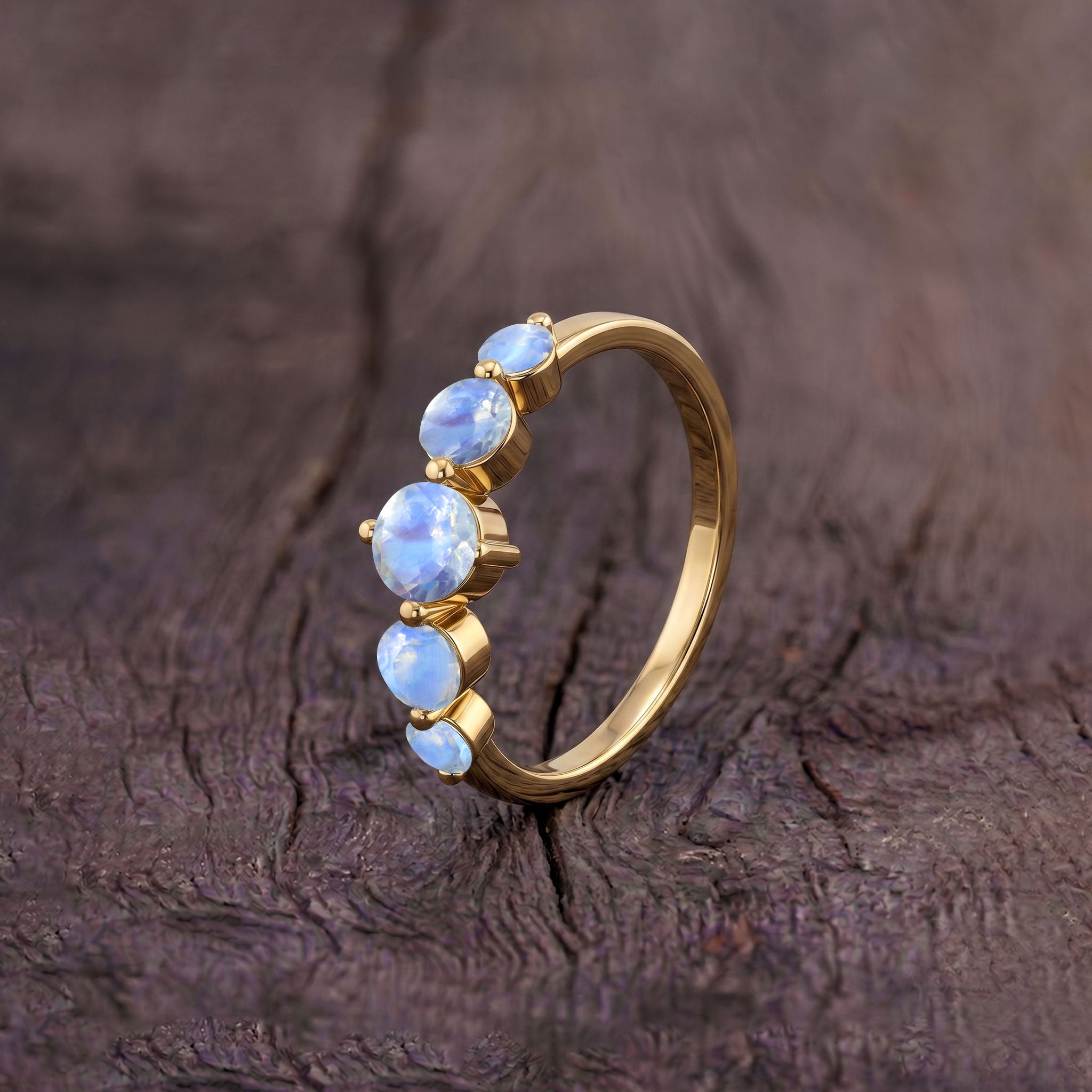 natural moonstone fine jewelry, handcrafted gemstone ring, five stone round moonstone ring, sterling silver luxury ring, yellow gold filled artisan jewelry, elegant gift for her, classic stacking ring, refined bridal accessory, timeless gemstone fashion, luminous natural gemstone, handcrafted women's ring, comfort fit jewelry, anniversary keepsake, premium quality, minimalist elegance