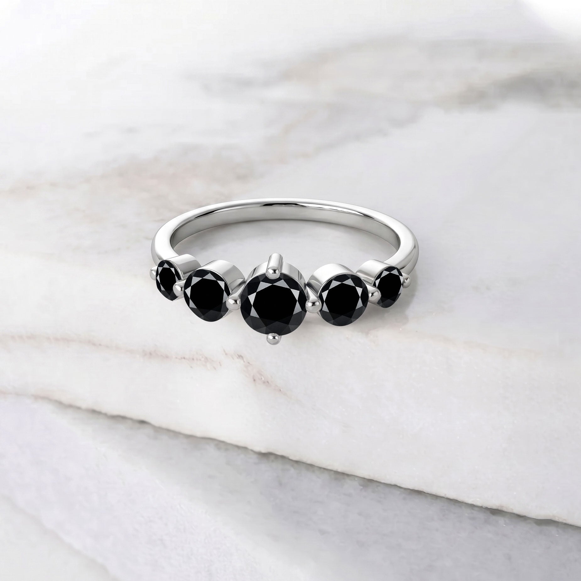 natural black onyx gemstones, five round gemstone jewelry, handcrafted artisan craftsmanship, sterling silver elegance, yellow gold filled jewelry, polished fine jewelry, alternative engagement jewelry, anniversary ring gift, luxury fashion accessory, sophisticated jewelry design, classic elegance, refined women's jewelry, premium gemstone setting, modern statement jewelry, handcrafted luxury