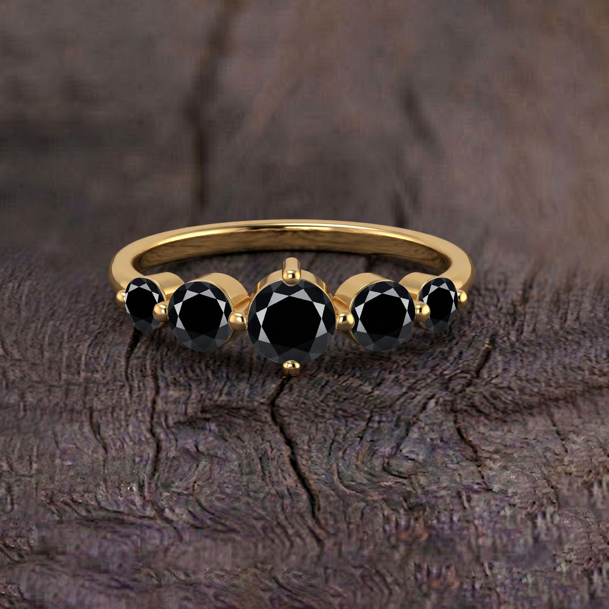 five round black onyx gemstones, natural gemstone jewelry, handcrafted sterling silver jewelry, yellow gold filled finish, elegant anniversary jewelry, artisan craftsmanship, women's luxury accessory, gothic inspired jewelry, polished prong setting, refined design, modern elegance, premium gemstone jewelry, birthday gift, classic jewelry, statement ring
