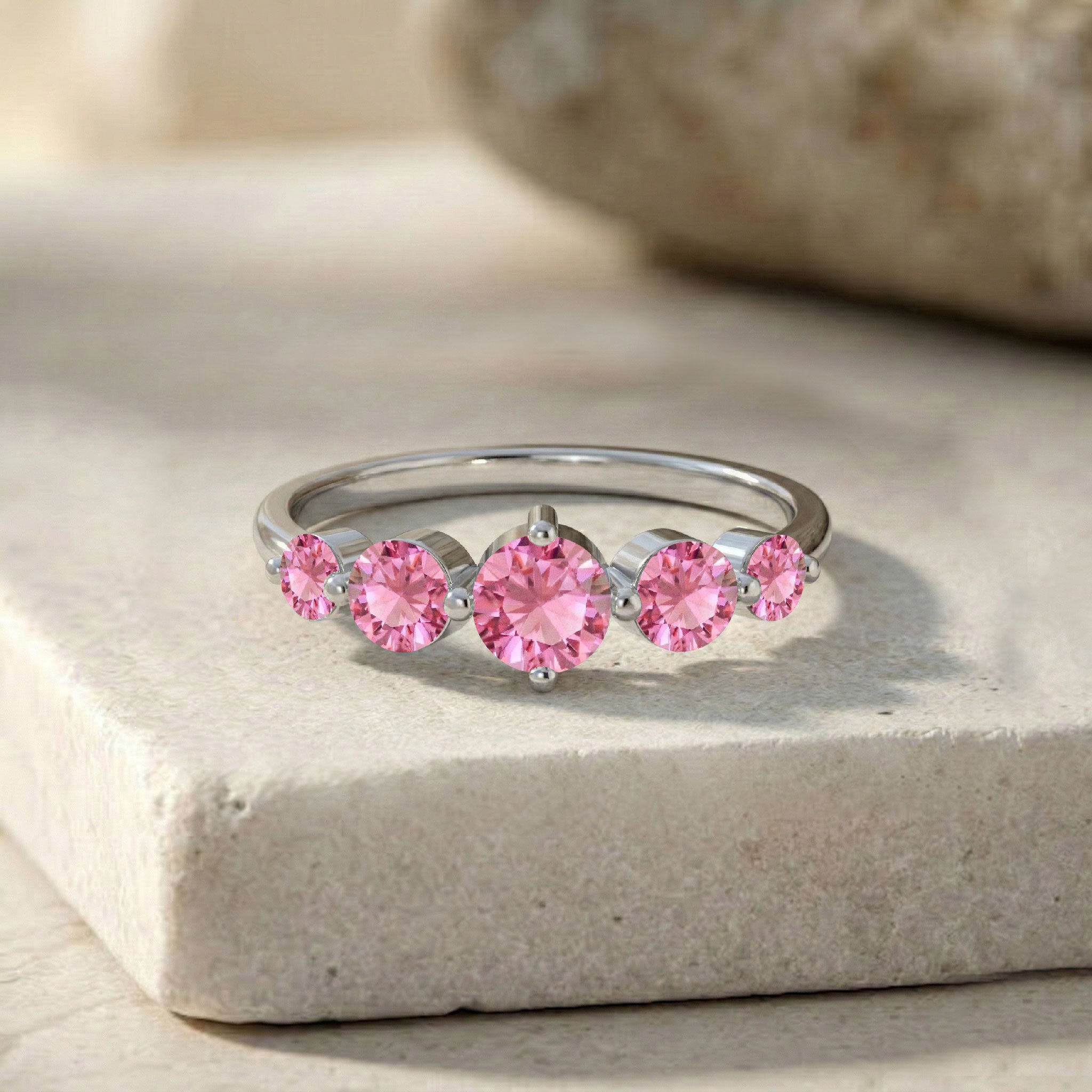 blush pink jewellery, elegant gemstone ring, graduated stone arrangement, sterling silver handcrafted ring, yellow gold filled jewellery, premium fashion accessory, artisan craftsmanship, refined gemstone brilliance, anniversary keepsake, polished comfort band, timeless jewellery collection, feminine luxury ring, statement accessory, colourful jewellery, designer ring