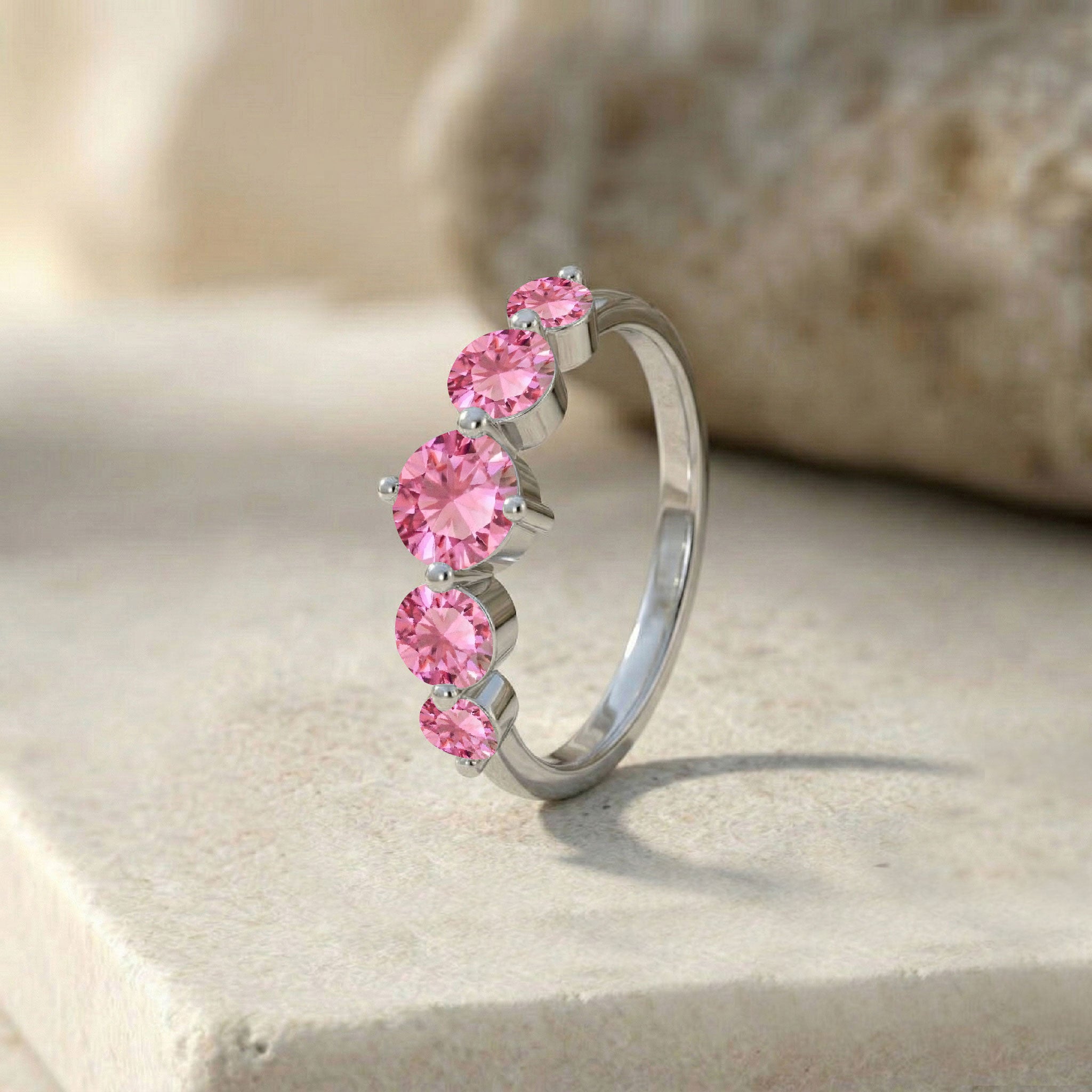 five gemstone pink ring, handcrafted silver jewellery, yellow gold filled ring, premium gemstone setting, polished slim band, elegant anniversary gift, women's statement jewellery, refined craftsmanship, modern stacking ring, colourful gemstone accessory, luxury fashion jewellery, comfortable ring profile, timeless beauty, artisan ring, designer jewellery