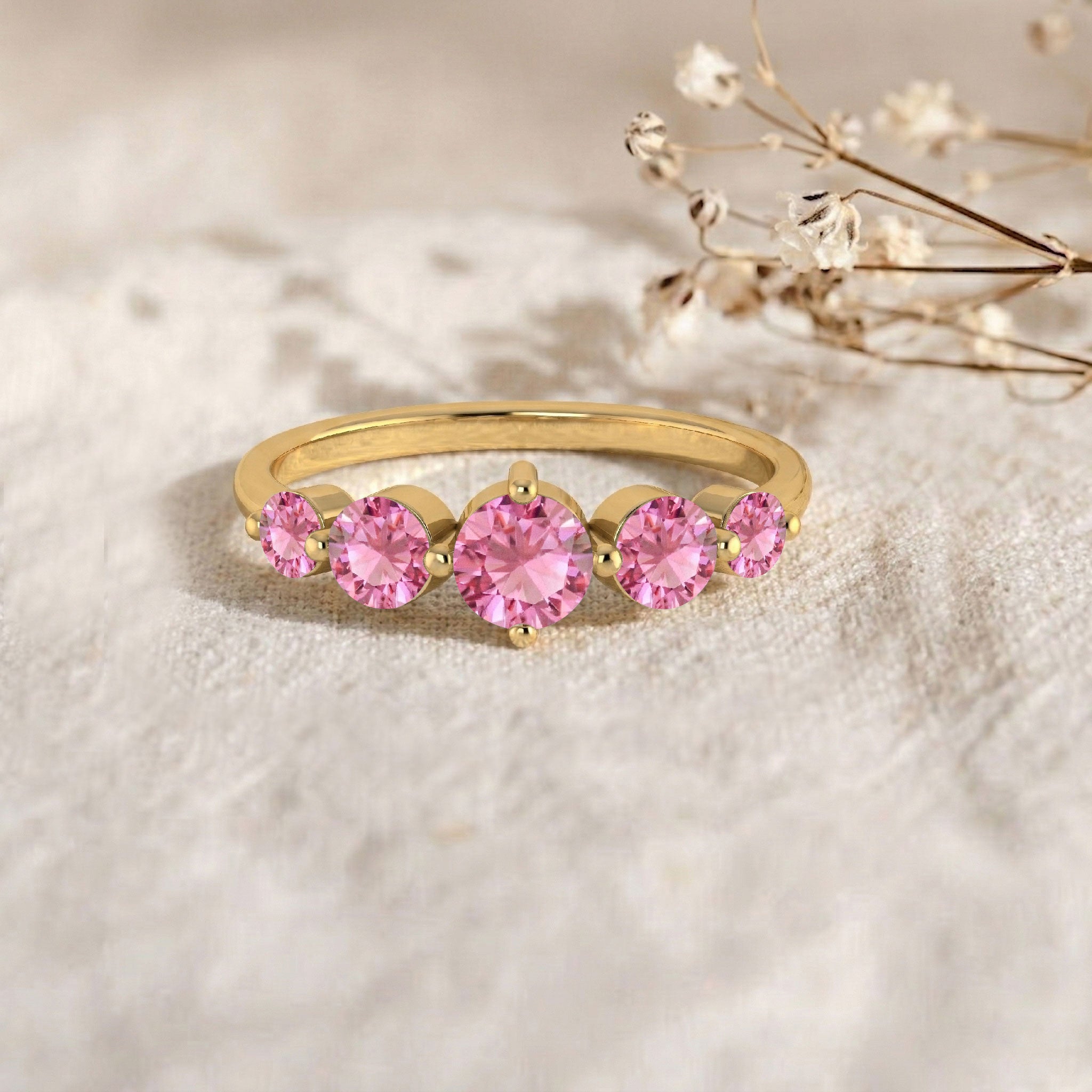 graduated pink gemstone ring, handcrafted jewellery, polished comfort fit band, sterling silver elegance, yellow gold filled finish, round gemstone arrangement, elegant women's ring, premium jewellery collection, refined craftsmanship, anniversary jewellery, modern gemstone design, feminine accessory, timeless beauty, fashion jewellery, statement ring