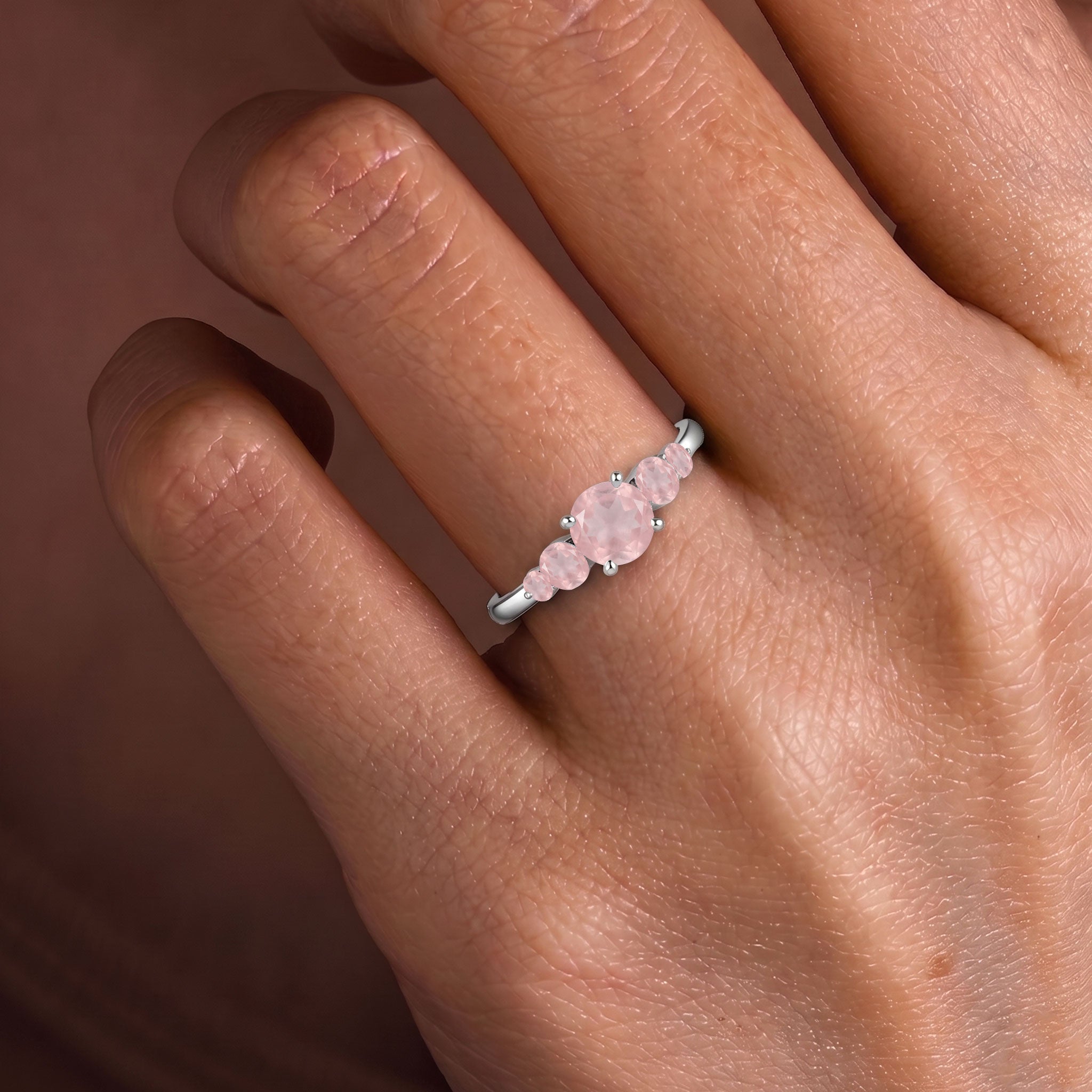 five stone rose quartz jewelry, handcrafted premium craftsmanship, natural pink gemstone brilliance, sterling silver jewelry option, yellow gold filled elegant finish, polished artisan setting, engagement jewelry style, refined fashion accessory, luxury women's jewelry, promise gift, classic elegance, meaningful jewelry, everyday fashion, premium design, feminine luxury