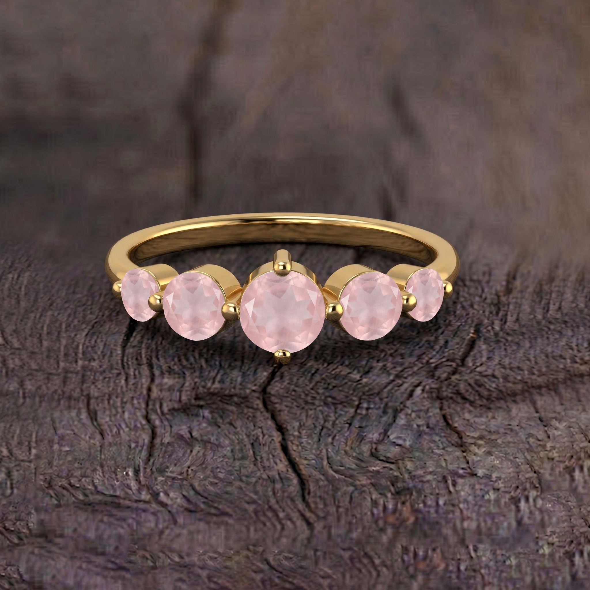 rose quartz jewelry, five gemstone arrangement, handcrafted luxury ring, sterling silver craftsmanship, yellow gold filled elegance, blush pink gemstone, bridal jewelry, engagement jewelry, polished prong setting, premium artisan design, romantic accessory, sophisticated fashion jewelry, timeless craftsmanship, feminine elegance, luxury gift
