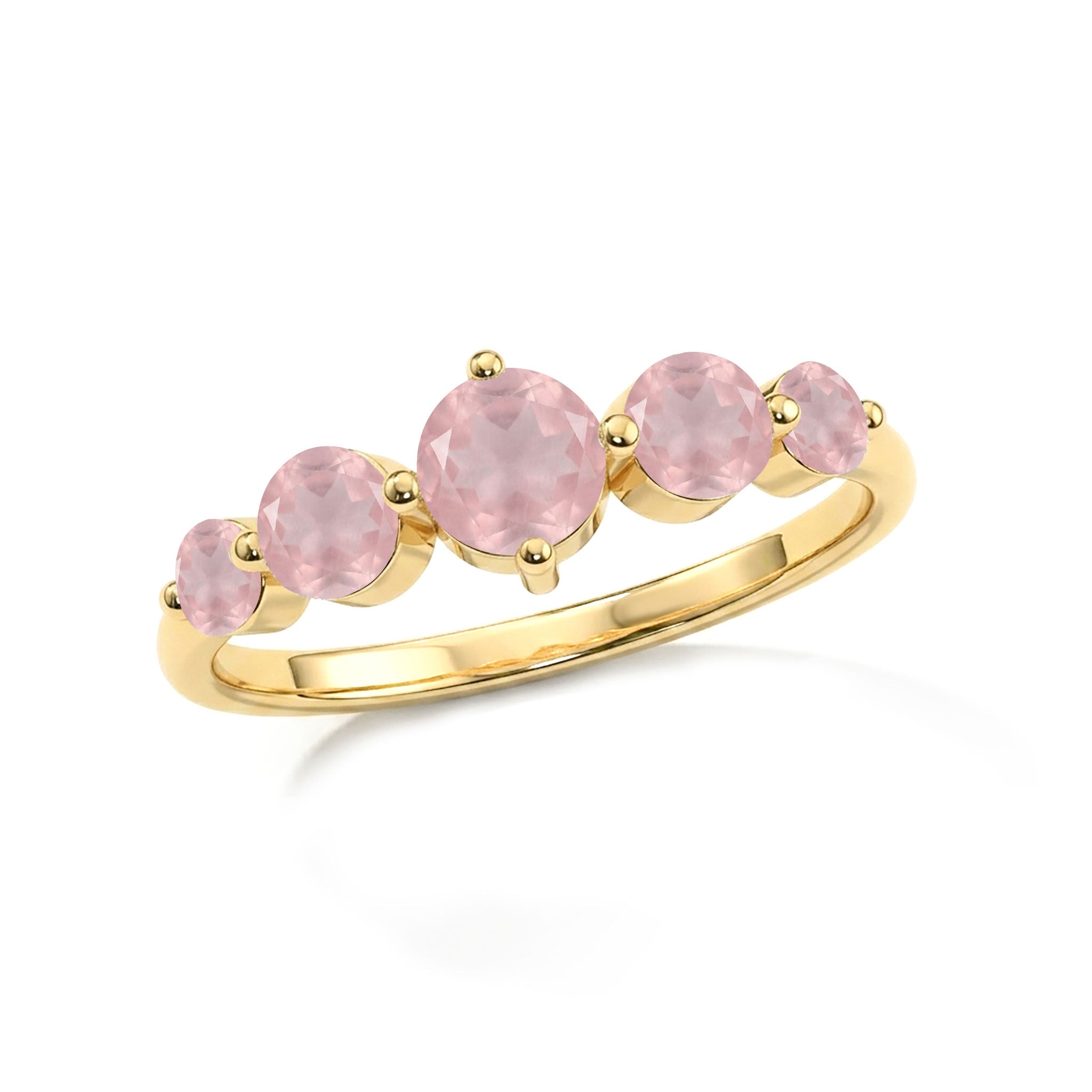 five round rose quartz gemstones, handcrafted premium jewelry, sterling silver luxury finish, yellow gold filled artisan craftsmanship, polished gemstone prongs, elegant women's jewelry, romantic anniversary gift, meaningful keepsake, blush gemstone elegance, sophisticated accessory, timeless style, premium jewelry design, feminine fashion, refined beauty, everyday luxury