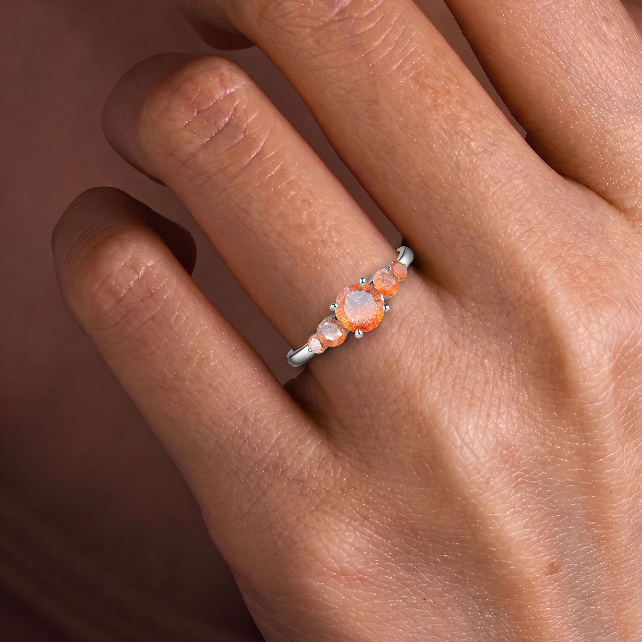 natural sunstone jewelry, five round gemstones, orange gemstone jewelry, sterling silver jewelry, yellow gold filled jewelry, handcrafted women's ring, elegant anniversary jewelry, promise ring, polished finish, luxury gemstone accessory, feminine jewelry, stackable ring, timeless jewelry, artisan craftsmanship, bridal gift