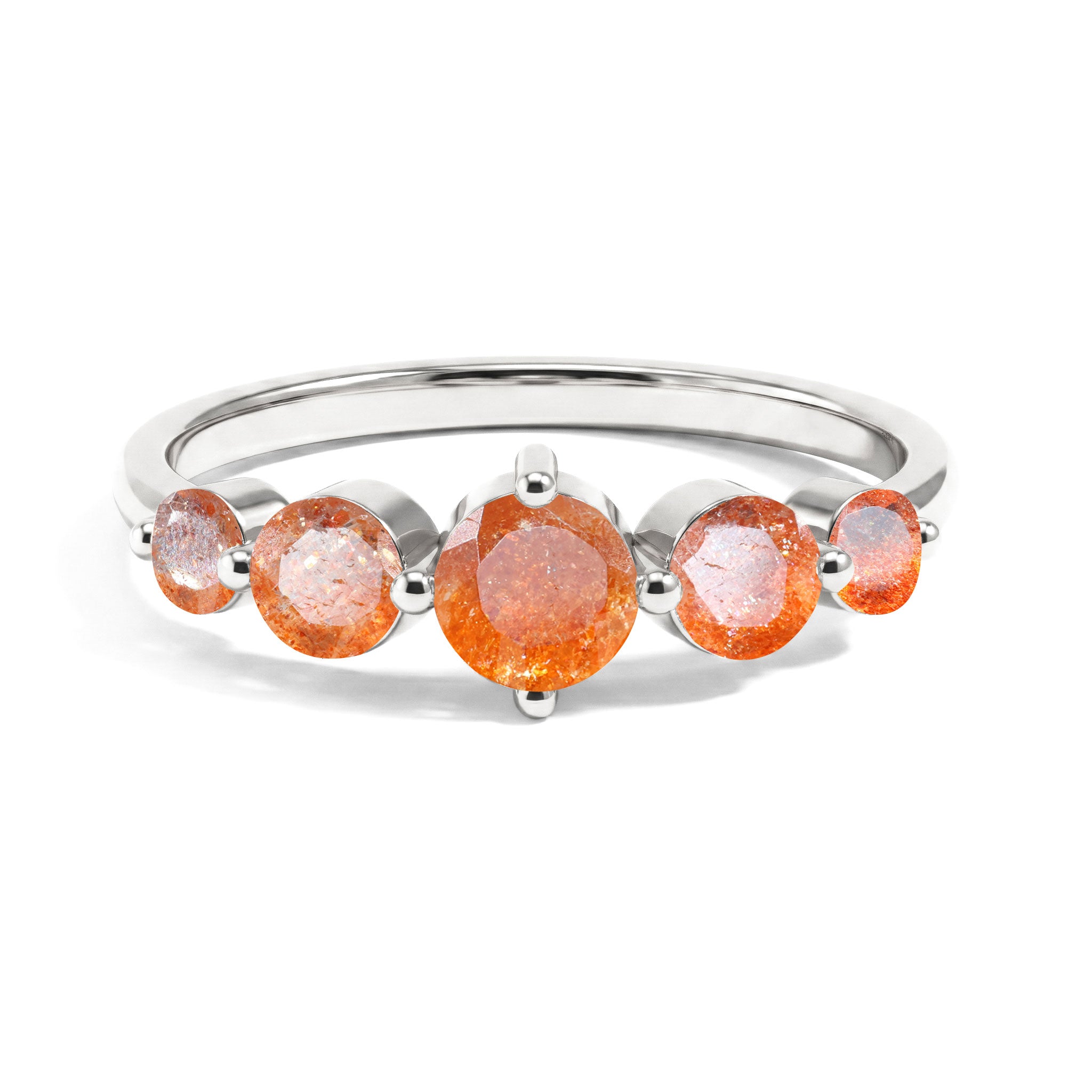 natural sunstone ring, five stone ring, round sunstone jewelry, orange gemstone ring, 925 sterling silver ring, yellow gold filled ring, graduated gemstone design, women's fine jewelry, anniversary gift, handcrafted jewelry, elegant gemstone setting, minimalist jewelry, sparkling sunstone, everyday jewelry, luxury gift
