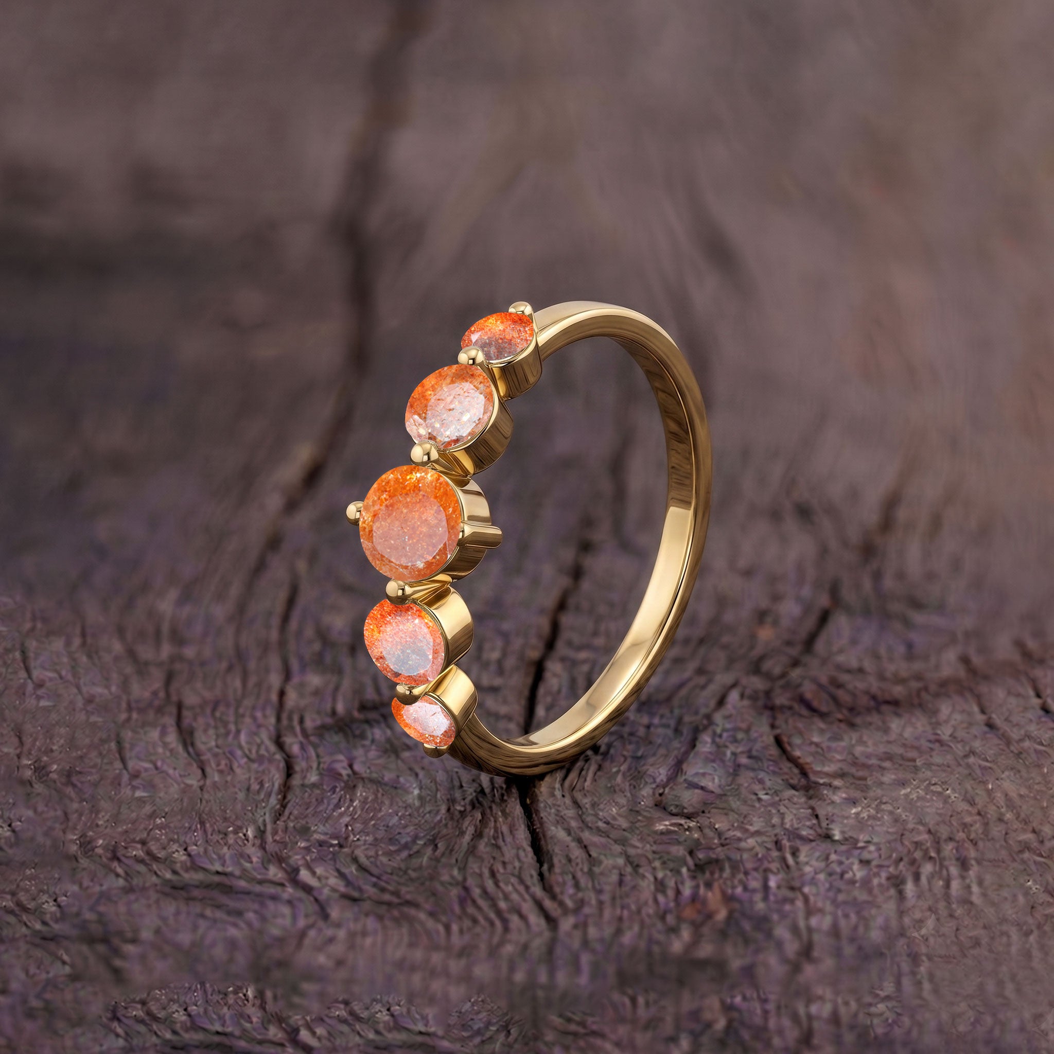 five stone orange gemstone jewelry, natural sunstone elegance, handcrafted jewelry design, sterling silver option, yellow gold filled option, polished craftsmanship, women's luxury jewelry, anniversary keepsake, birthday present, sparkling gemstone arrangement, refined fashion accessory, elegant minimalist jewelry, timeless gemstone style, artisan luxury, classic beauty