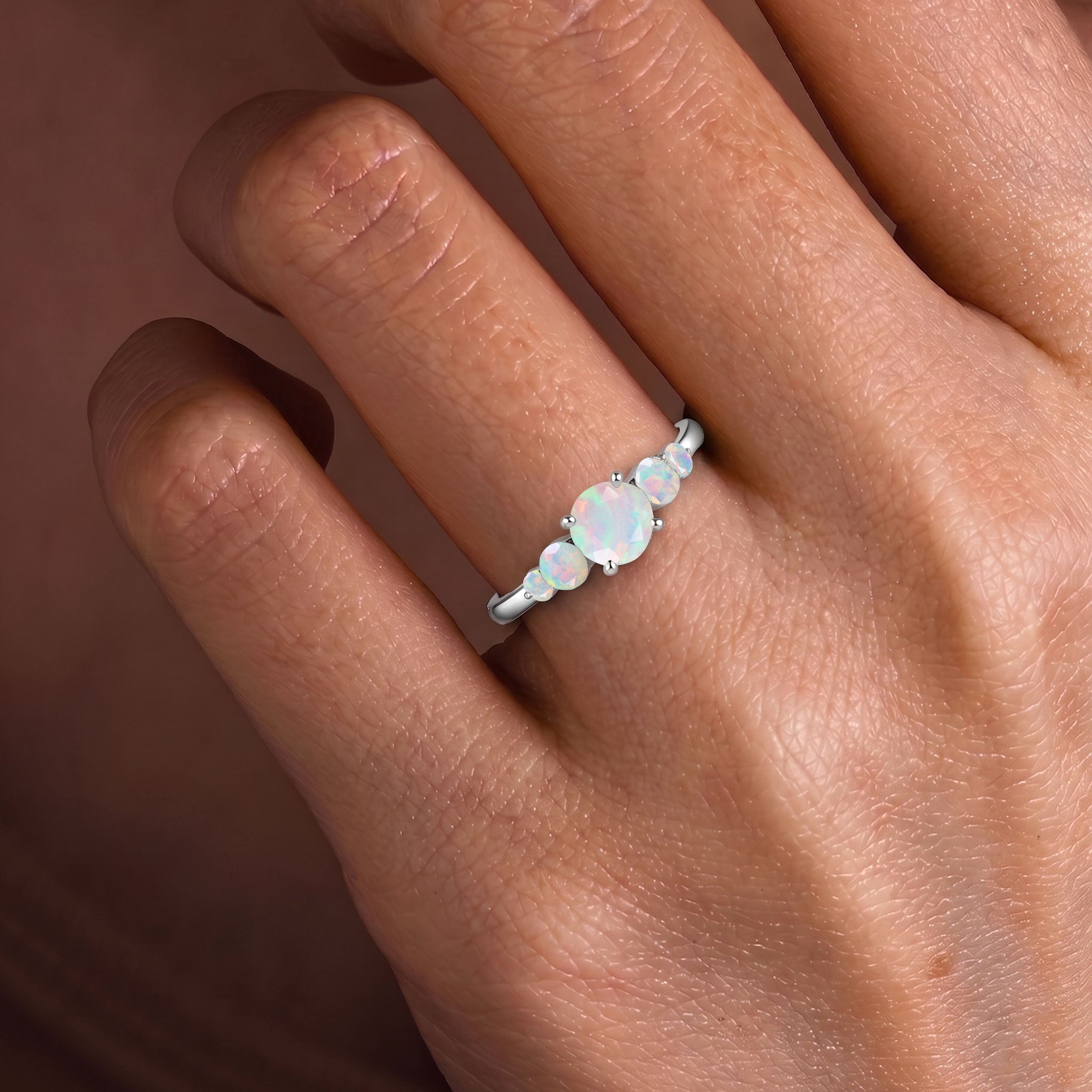 white opal fashion ring, october jewelry, five gemstone arrangement, round gemstone jewelry, elegant silver jewelry, luxury gold filled jewelry, artisan jewelry, rainbow color gemstone, bridal ring style, gift for girlfriend, anniversary jewelry, classic elegance, premium gemstone, everyday accessory, timeless jewelry, handcrafted quality, feminine fashion, unique gift, sparkling finish, fine craftsmanship