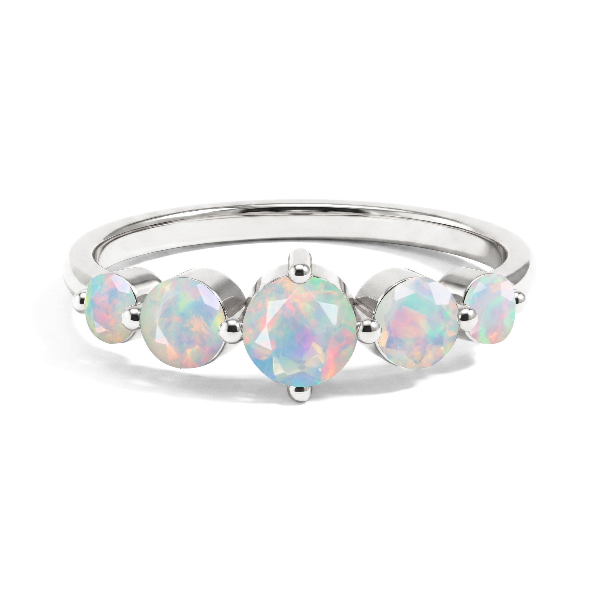 natural white opal ring, five stone ring, october birthstone jewelry, graduated gemstone design, round white opal, sterling silver ring, yellow gold filled ring, rainbow fire gemstone, bridal jewelry, anniversary gift, promise ring, elegant jewelry, handmade ring, gift for women, stacking ring, fine jewelry, minimalist luxury, everyday elegance, colorful opal, artisan craftsmanship