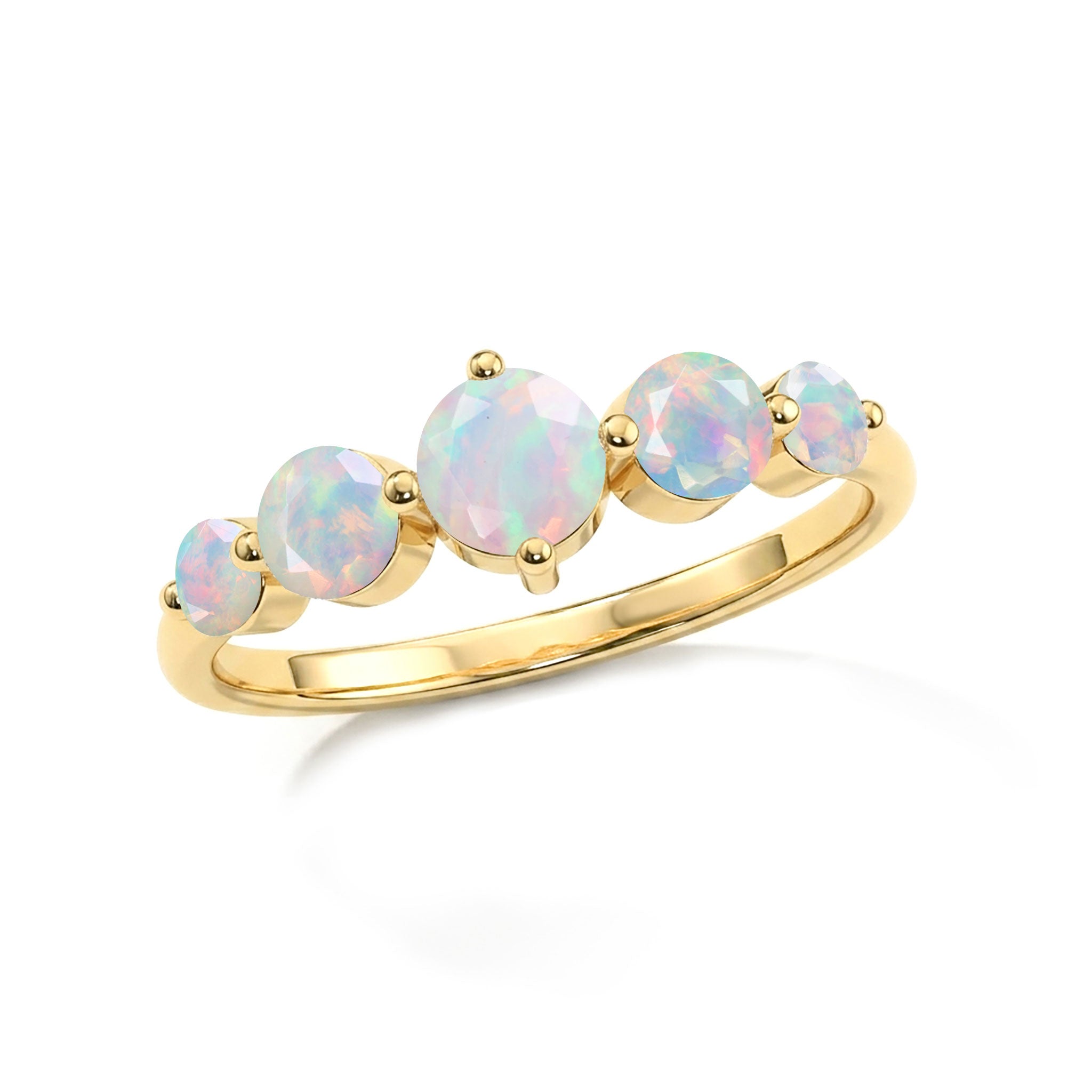 natural october gemstone, white opal jewelry collection, artisan made ring, five round gemstone style, luxury craftsmanship, sterling silver jewelry, yellow gold elegance, romantic jewelry gift, bridal accessory, elegant keepsake, handcrafted gemstone design, fashion jewelry, premium finish, colorful opal reflections, classic elegance, stackable accessory, anniversary favorite, timeless ring, gift for her, sophisticated luxury