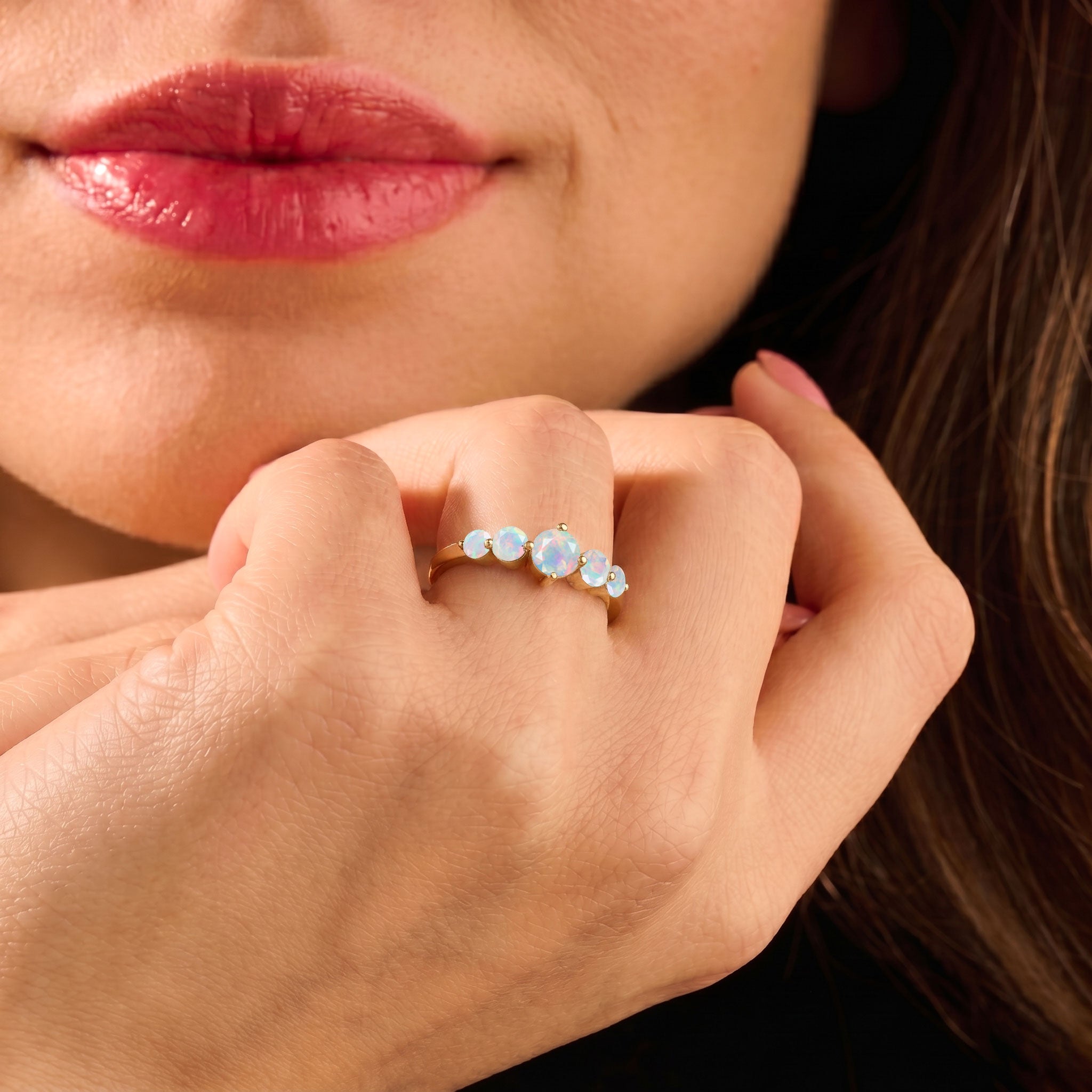 white opal engagement ring, october gemstone jewelry, five round gemstones, polished silver setting, handcrafted jewelry, feminine ring, colorful fire opal, wedding jewelry, bridal accessory, anniversary present, dainty gemstone ring, elegant style, premium craftsmanship, gift for wife, unique gemstone jewelry, luxury ring, fashion jewelry, timeless design, statement accessory, artisan made