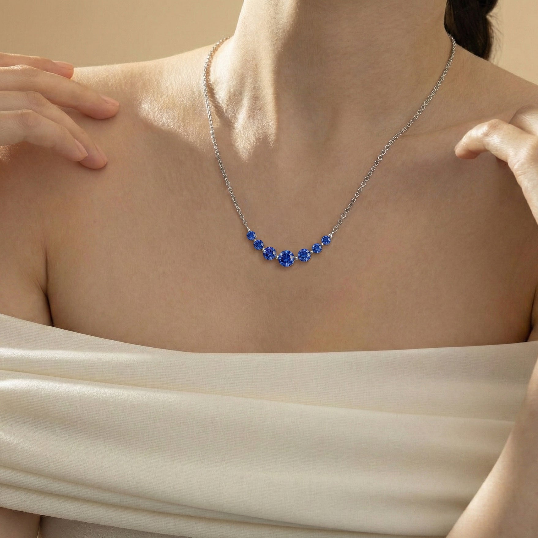 Blue Sapphire Curved Bar Necklace in 925 Sterling Silver 2.55ct