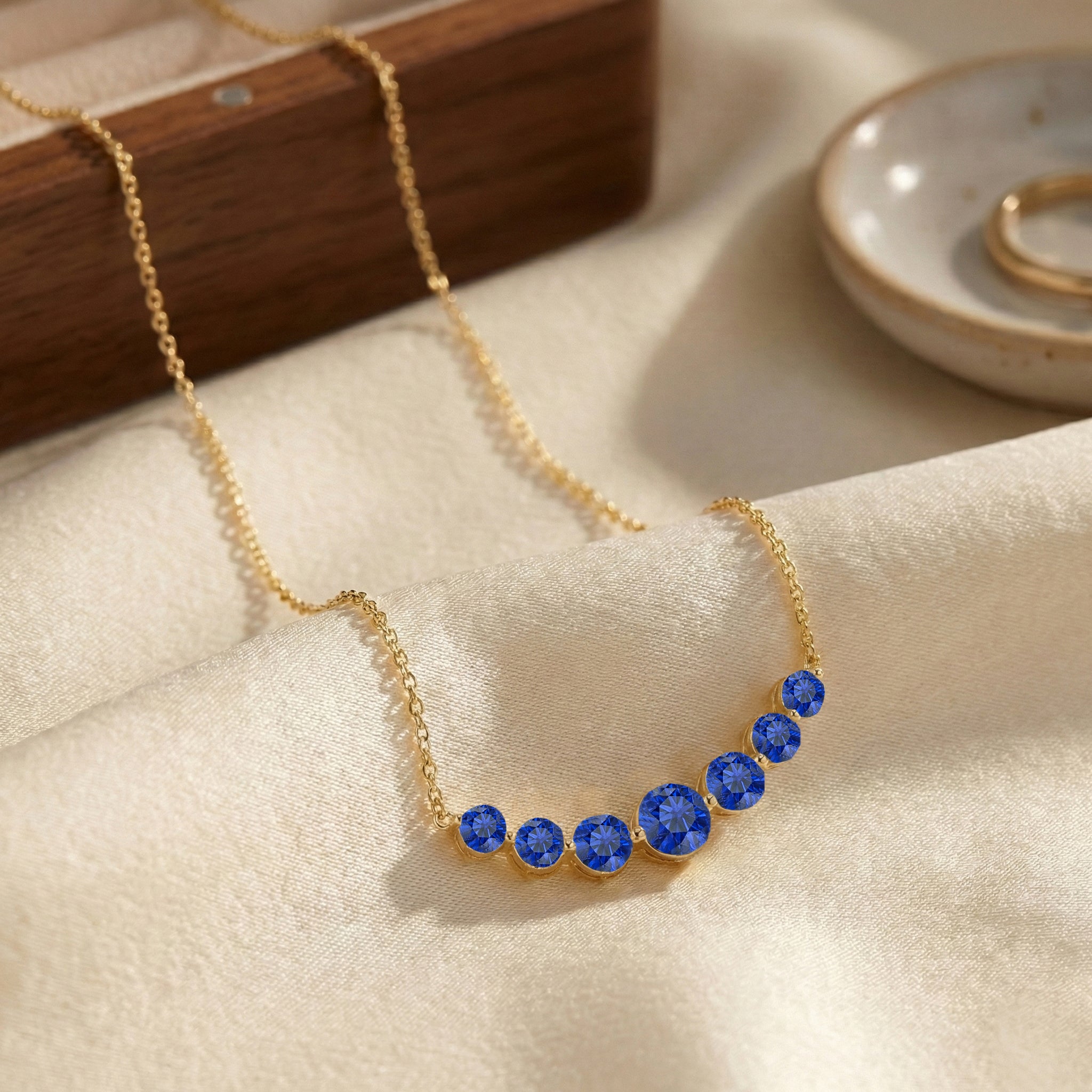 Blue Sapphire Curved Bar Pendant Necklace in Yellow Gold Plated 2.55ct
