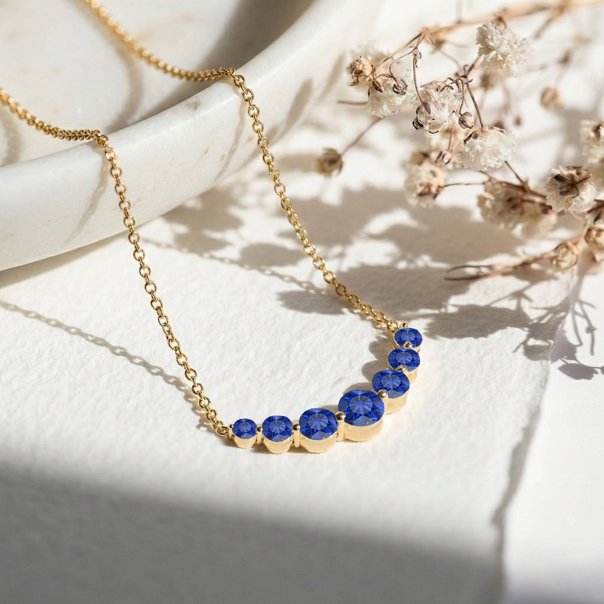 Blue Sapphire Curved Bar Necklace in 925 Sterling Silver 2.55ct