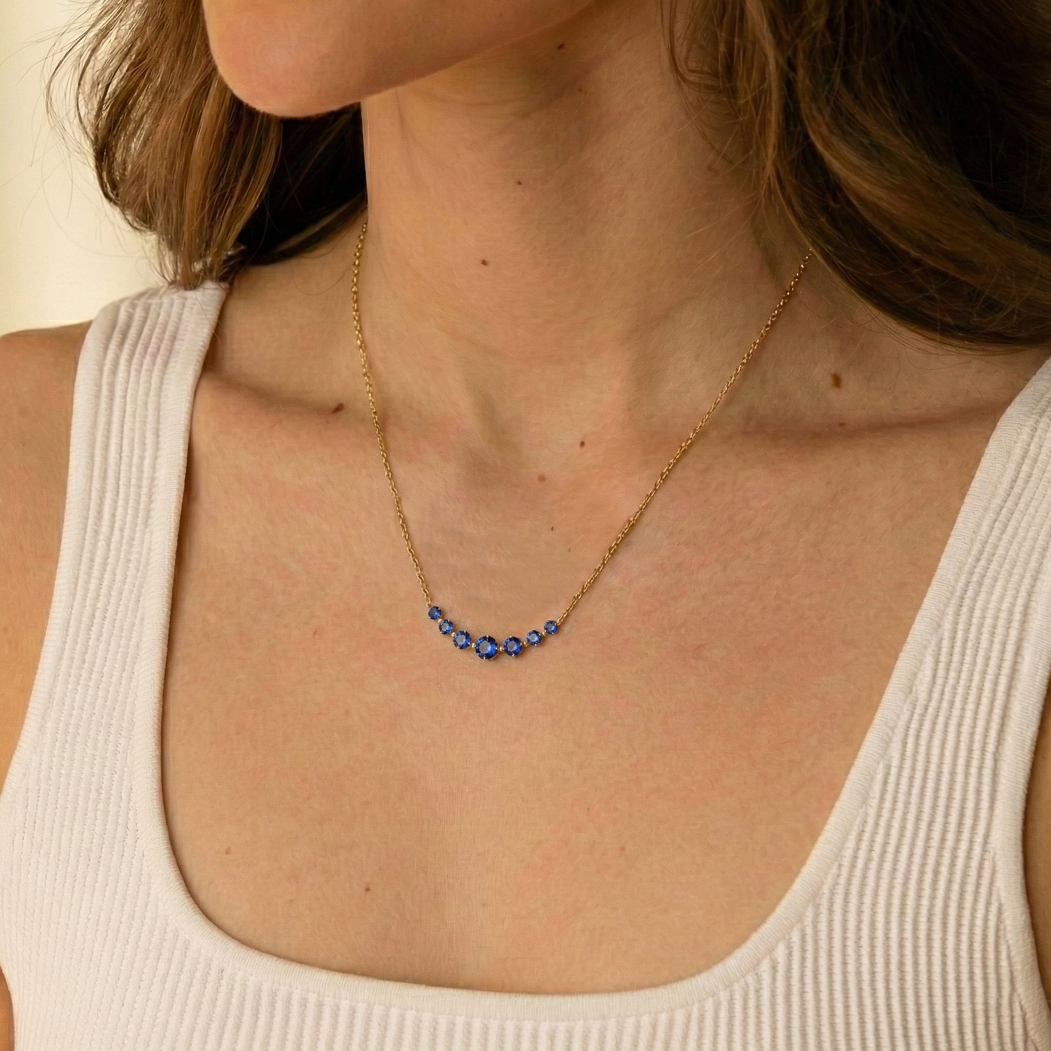 Blue Sapphire Curved Bar Pendant Necklace in Yellow Gold Plated 2.55ct