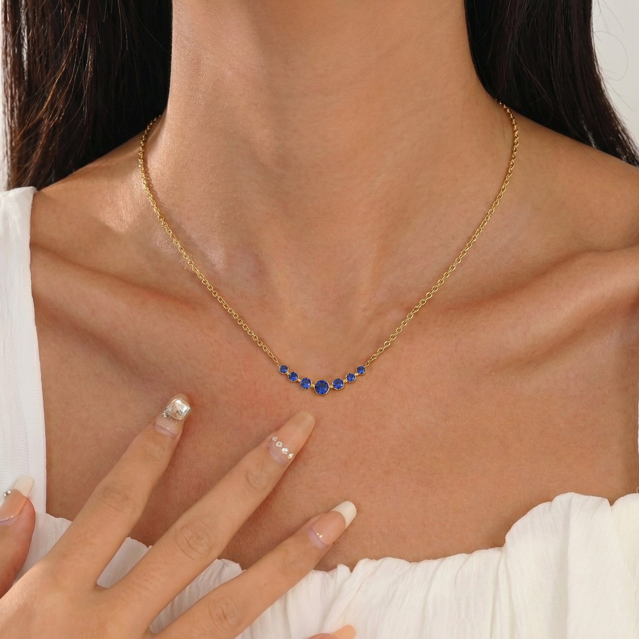 Blue Sapphire Curved Bar Pendant Necklace in Yellow Gold Plated 2.55ct