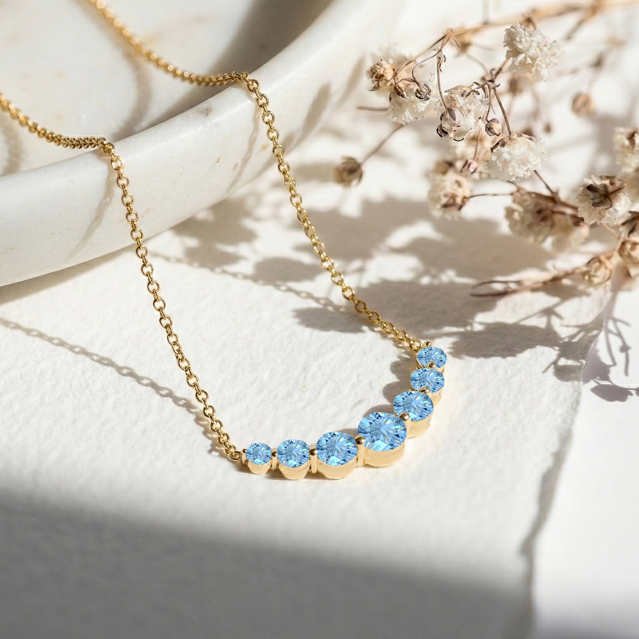 Blue Topaz Curved Bar Pendant Necklace in Yellow Gold Plated 2.55ct