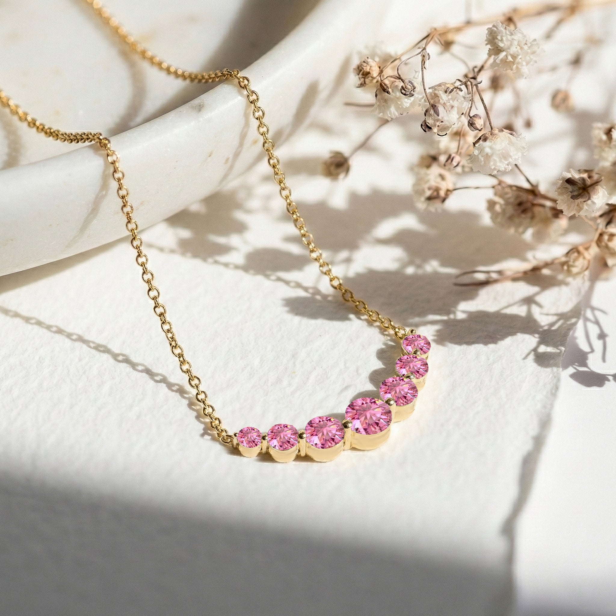 Pink Tourmaline Curved Bar Pendant Necklace in Yellow Gold Plated 2.55ct