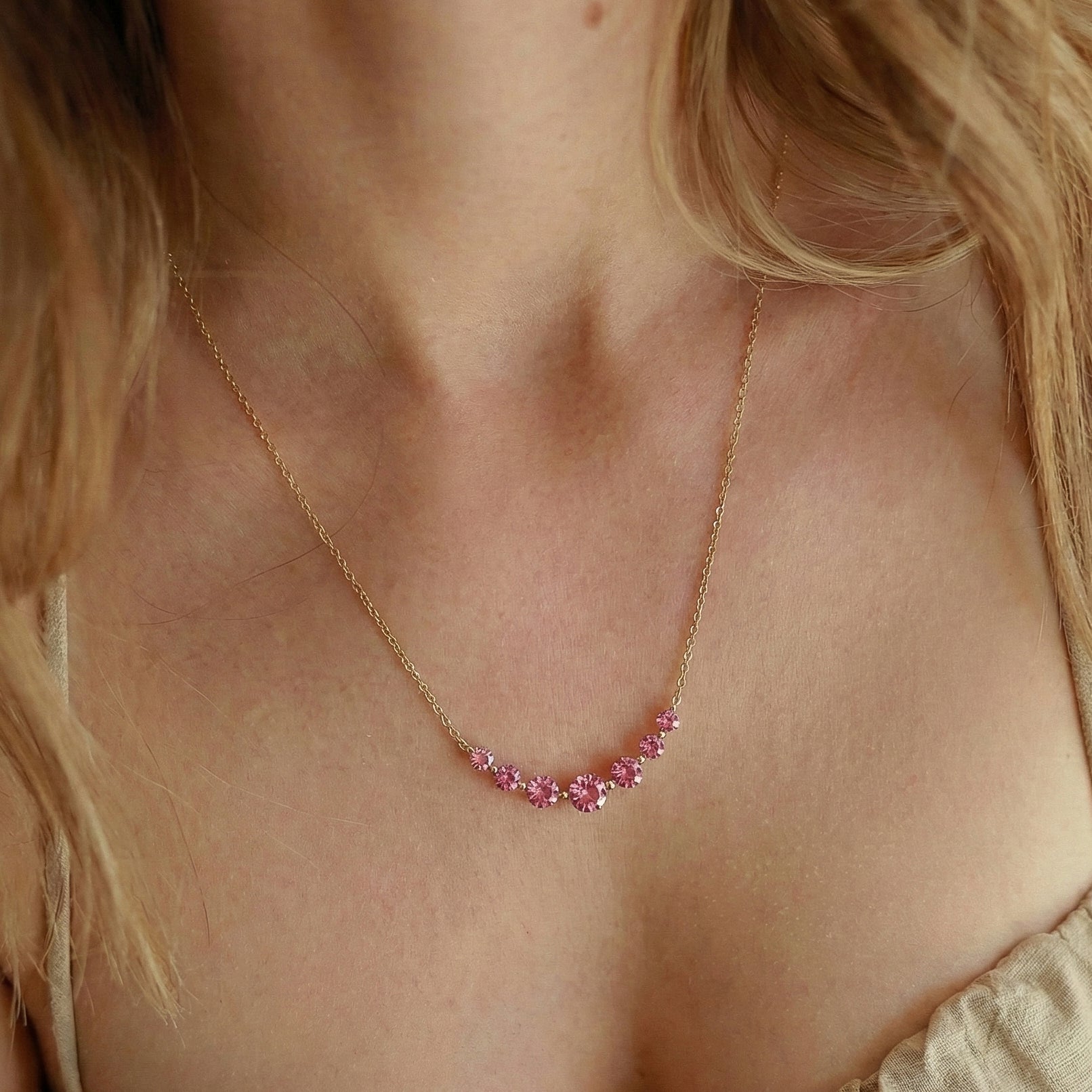 Pink Tourmaline Curved Bar Pendant Necklace in Yellow Gold Plated 2.55ct